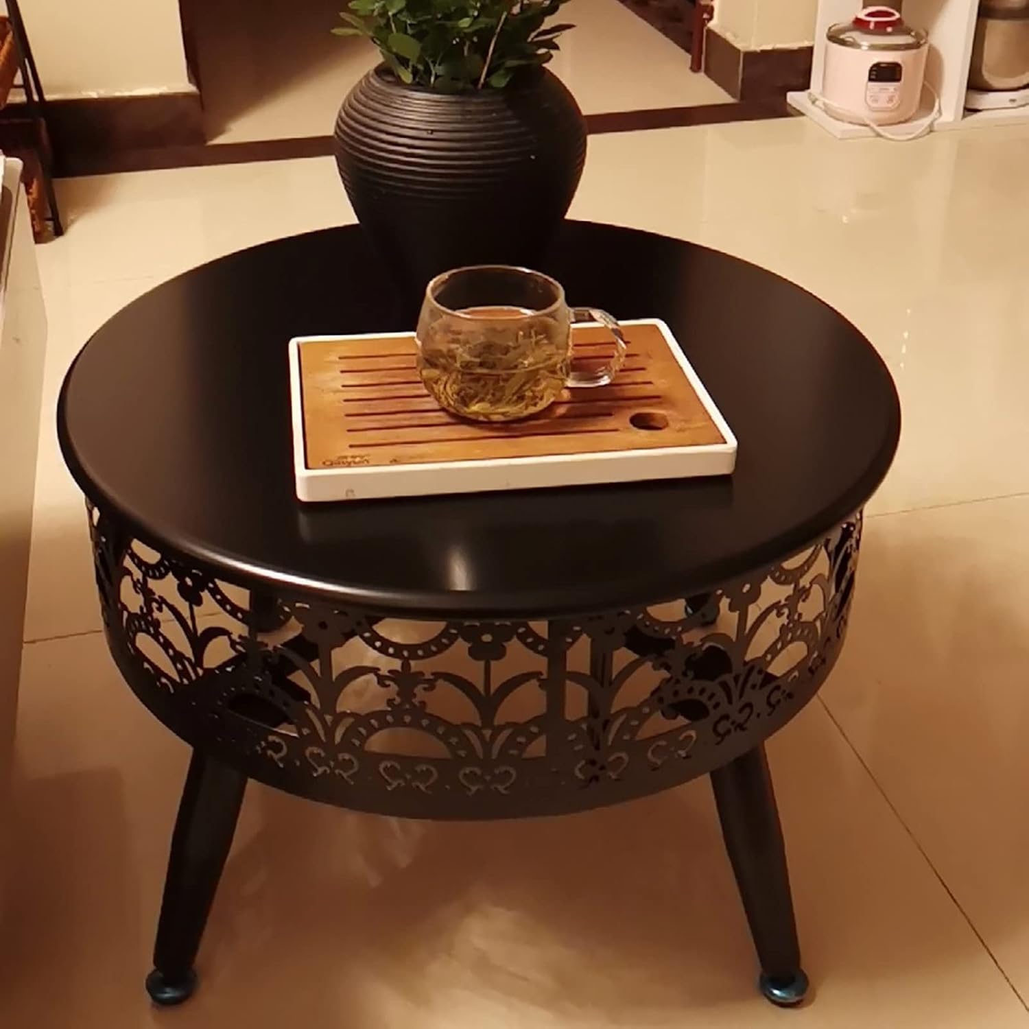 LXLZYXSF Outside Fire Pit Bowl with Table Top, Living Room Coffee Table, Wood Burning Fire Basin for Camping, BBQ, Travel, Bonfire Party, Picnic (Color : Deep Coffee, Size : 52.5cm/20.6inch Wide)