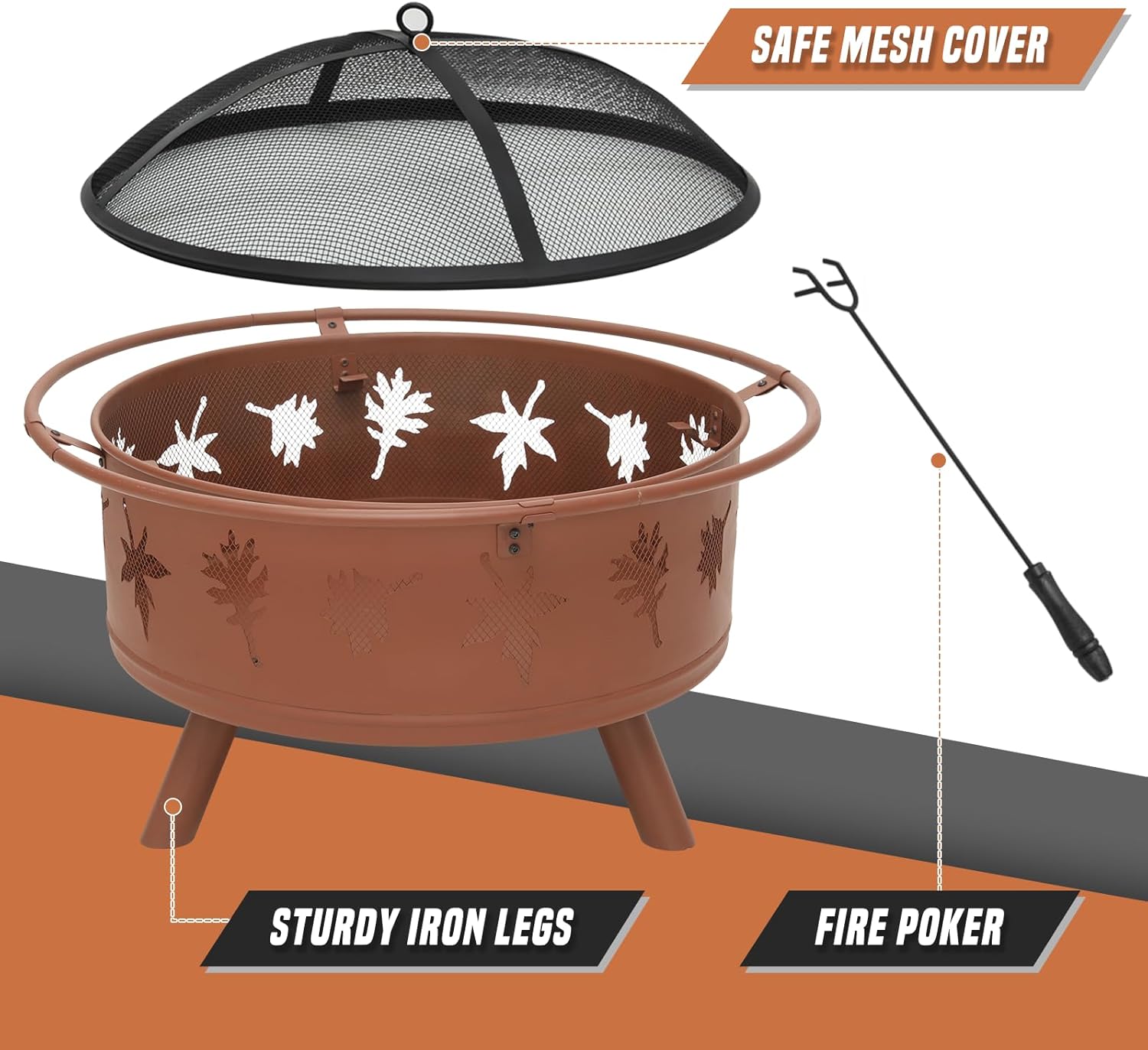 32 Inch Outdoor Fire Pit, 2 in 1 Metal Round Wood Burning Fire Pit, Maple Leaf Cutout Large Fireplace Firepits for Outside Patio Backyard Bonfire BBQ with Spark Screen, Poker, Grate, Gold