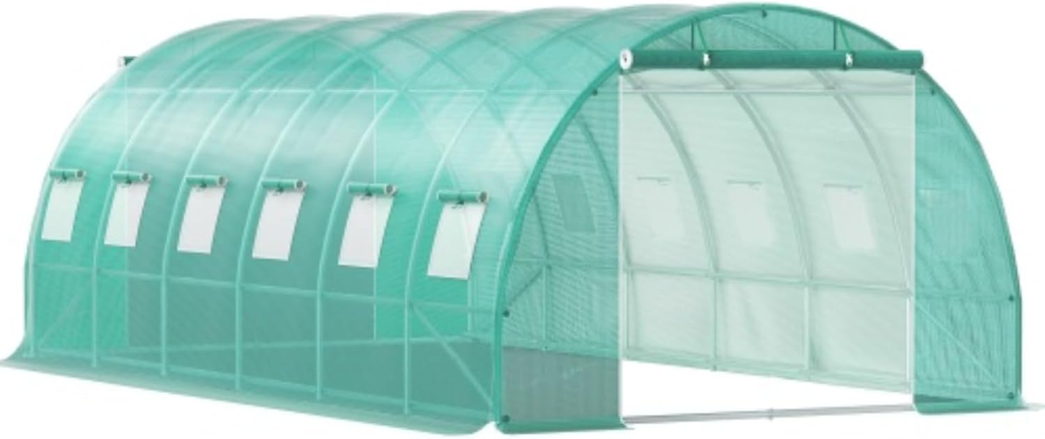 Walk-in Tunnel Greenhouse, Large Garden Green House Kit, Portable Plant Hot House with Galvanized Steel Hoops, 3 Top Beams, Diagonal Poles, 2 Zippered Doors & 12 Roll-up Windows, Green