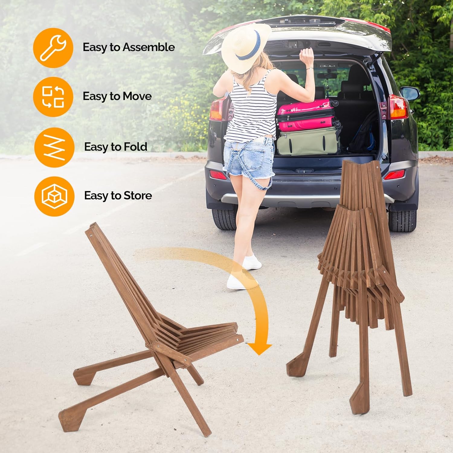 VINGLI FSC Acacia Wood Folding Outdoor Chairs Set of 4,Weather-Resistant Wooden Folding Chairs Patio Chair Furniture Comfy Adirondack Chairs Lounge Chair for Deck Fire Pit Porch Camping,Up to 350LBS