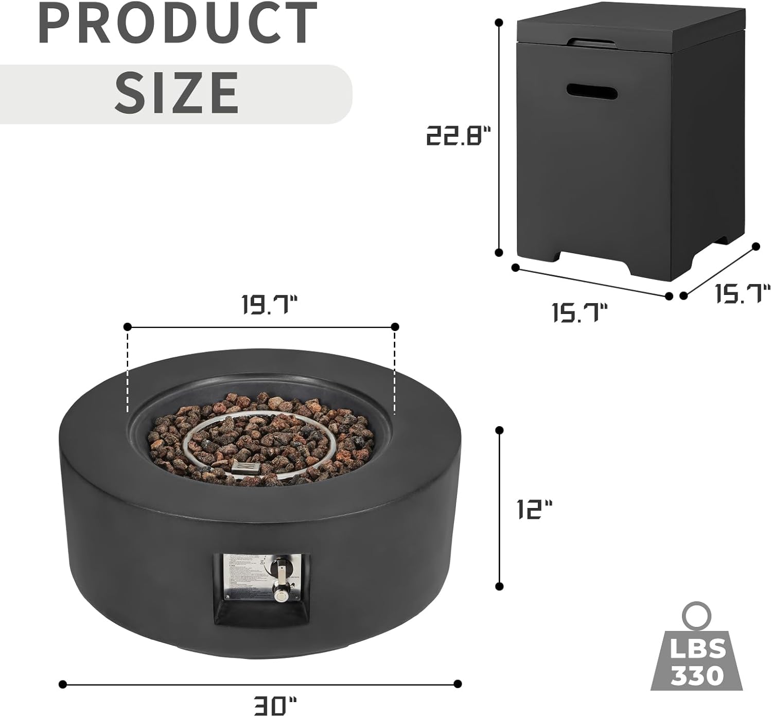 ECOTOUGE 2-Piece Gas Fire Pit, Outdoor Propane Fire Pit Table Set w/Tank Cover, 30''Auto-Ignition Round Steel Fire Table, 50,000 BTU Concrete Fire Pit w/Weather-Resistant Pit Cover, Lava Rocks, Black