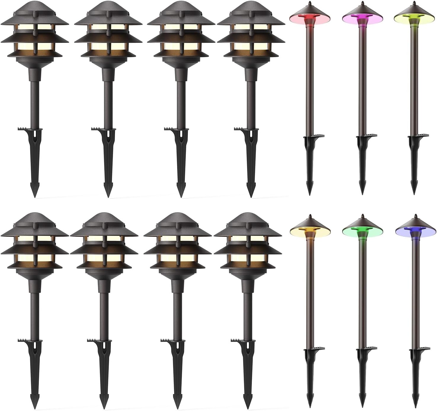 GOODSMANN Landscape Lighting Pathway Lights Low Voltage 8PK 2.2 Watt LED 30 Lumen with RGBW 6PK Low Voltage Path Lights with Color Changing 2W 12V AC Landscape Light 2900K