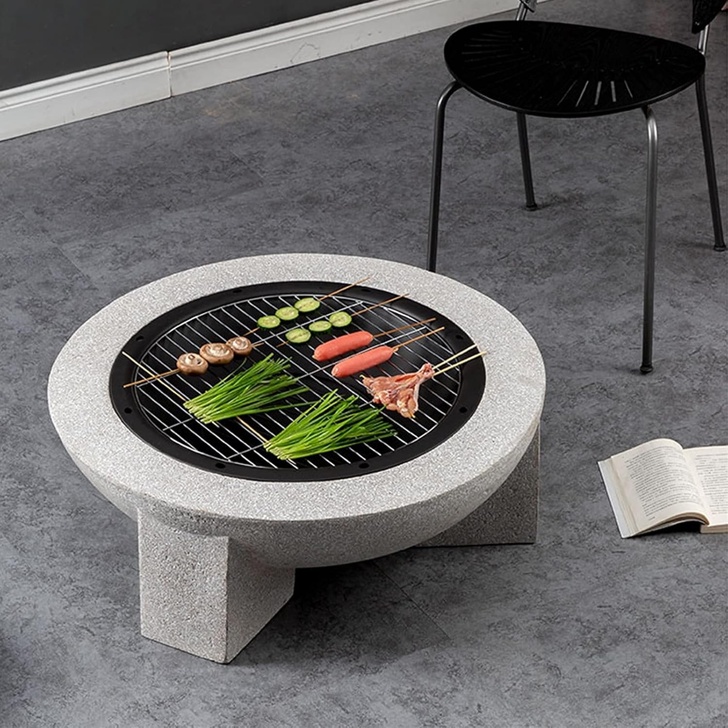 Large Fire Pit Bowl w/Handles & Retractable Barbecue Sign,Wood Burning Fire Pit