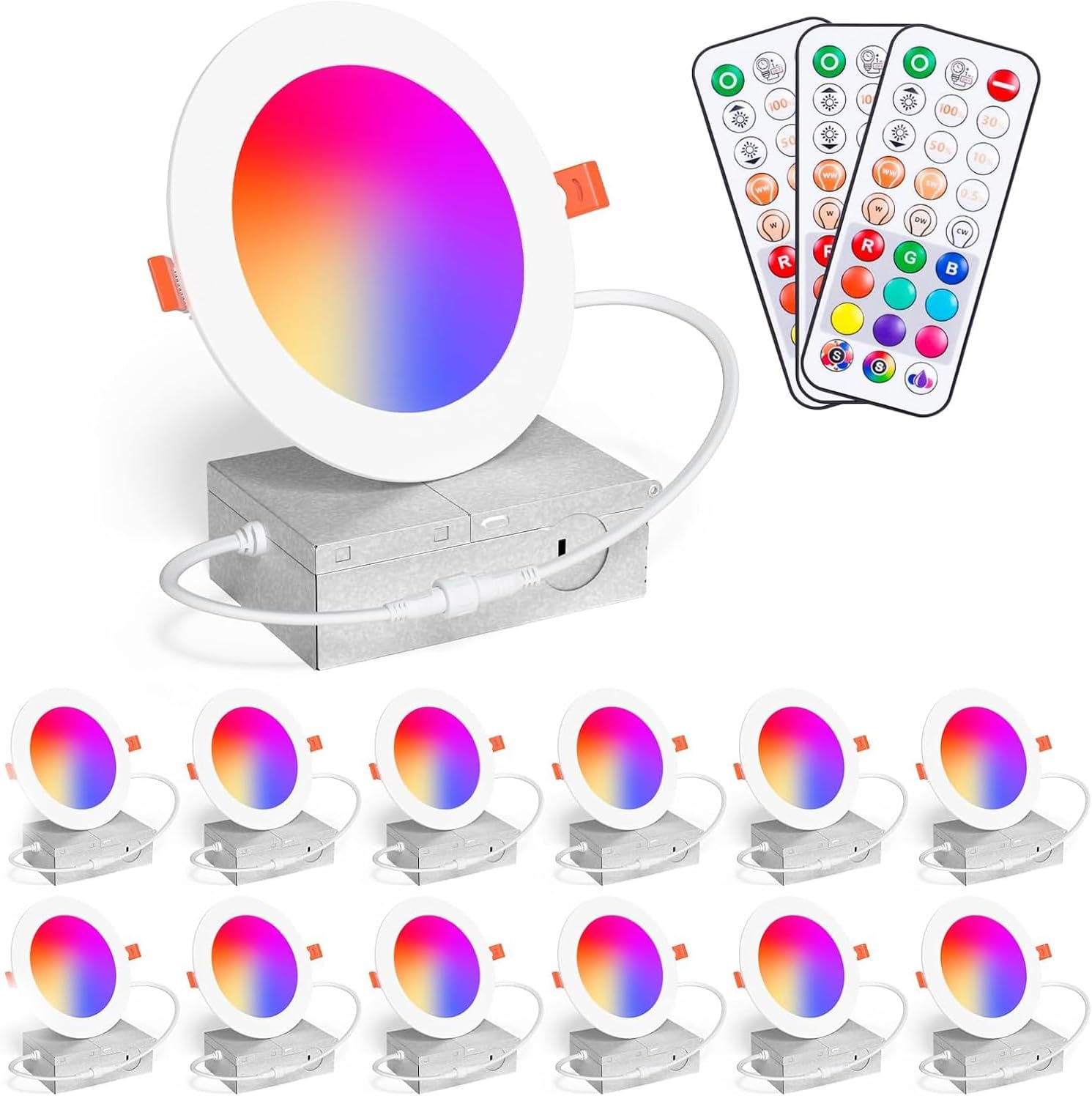 Recessed Lighting 4 Inch RGBCW Color Changing 12W LED Downlights with Junction Box,1080Lumens Canless LED Recessed Ceiling Lights Dimmable by Remote Control,Memory,Timer,Delayed Off,3 Modes, 12Pack