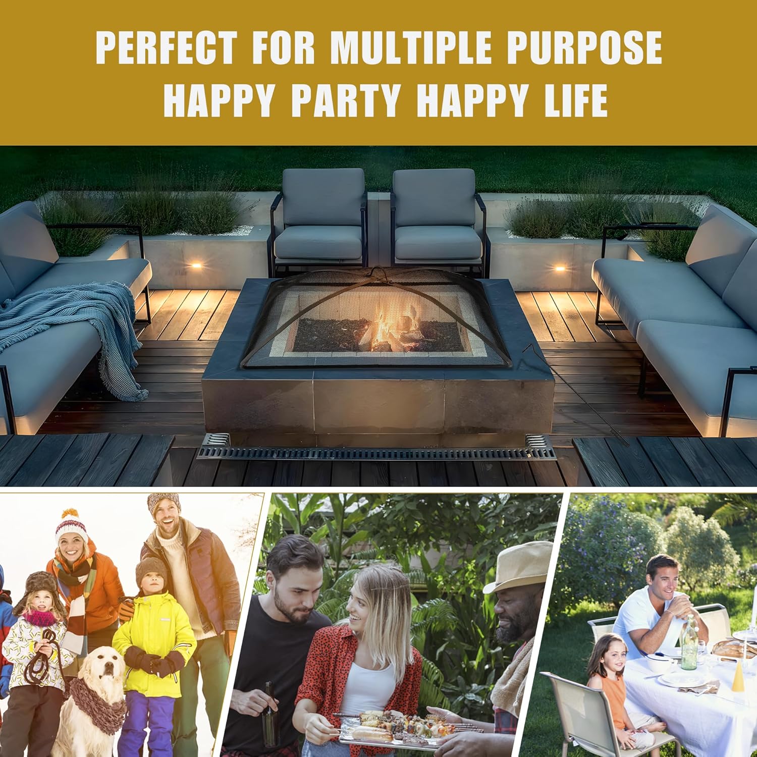 WeCooper 36Inch Heavy Duty Fire Pit Spark Screen Cover, Steel Mesh Square FirePit Screen, Fire Pit Ember Guard with Poker