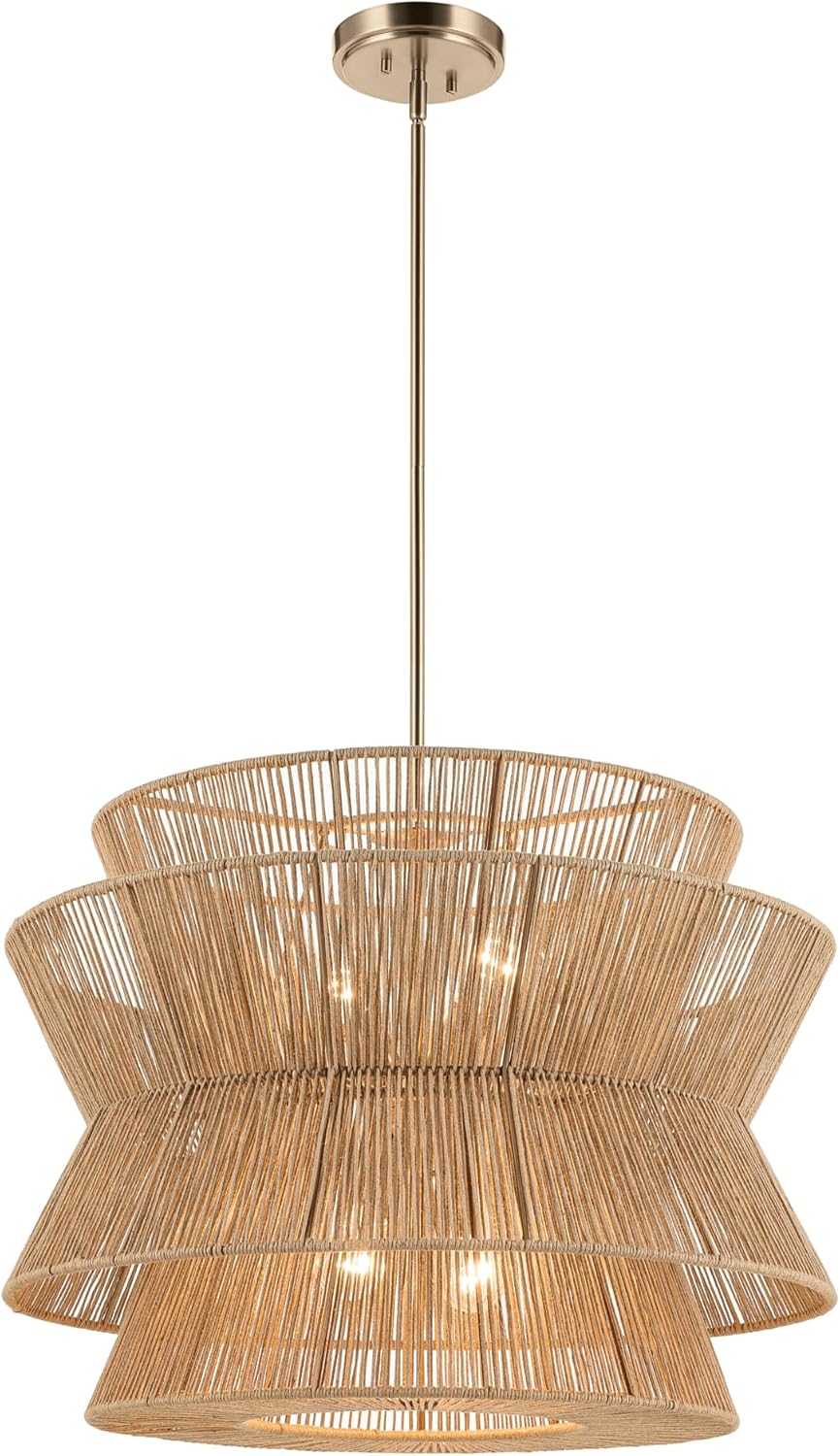 KICHLER Ophira 4-Light Pendant, Global Boho Light with Jute Shade in Champagne Bronze, Sloped Ceiling Compatible, for Living or Dining Room (20.75