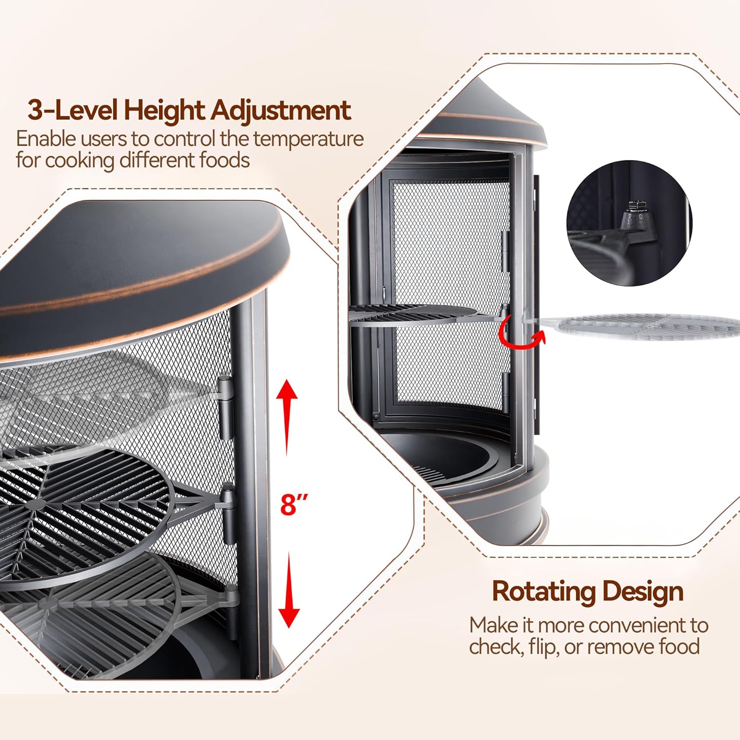 Metal Outdoor Fire Pit for Outside Wood Burning，24 Inch Chiminea Outdoor Fireplace with Adjustable Grill Tray, Spark Screen Door & Fire Poker, for Patio, Garden, Backyard