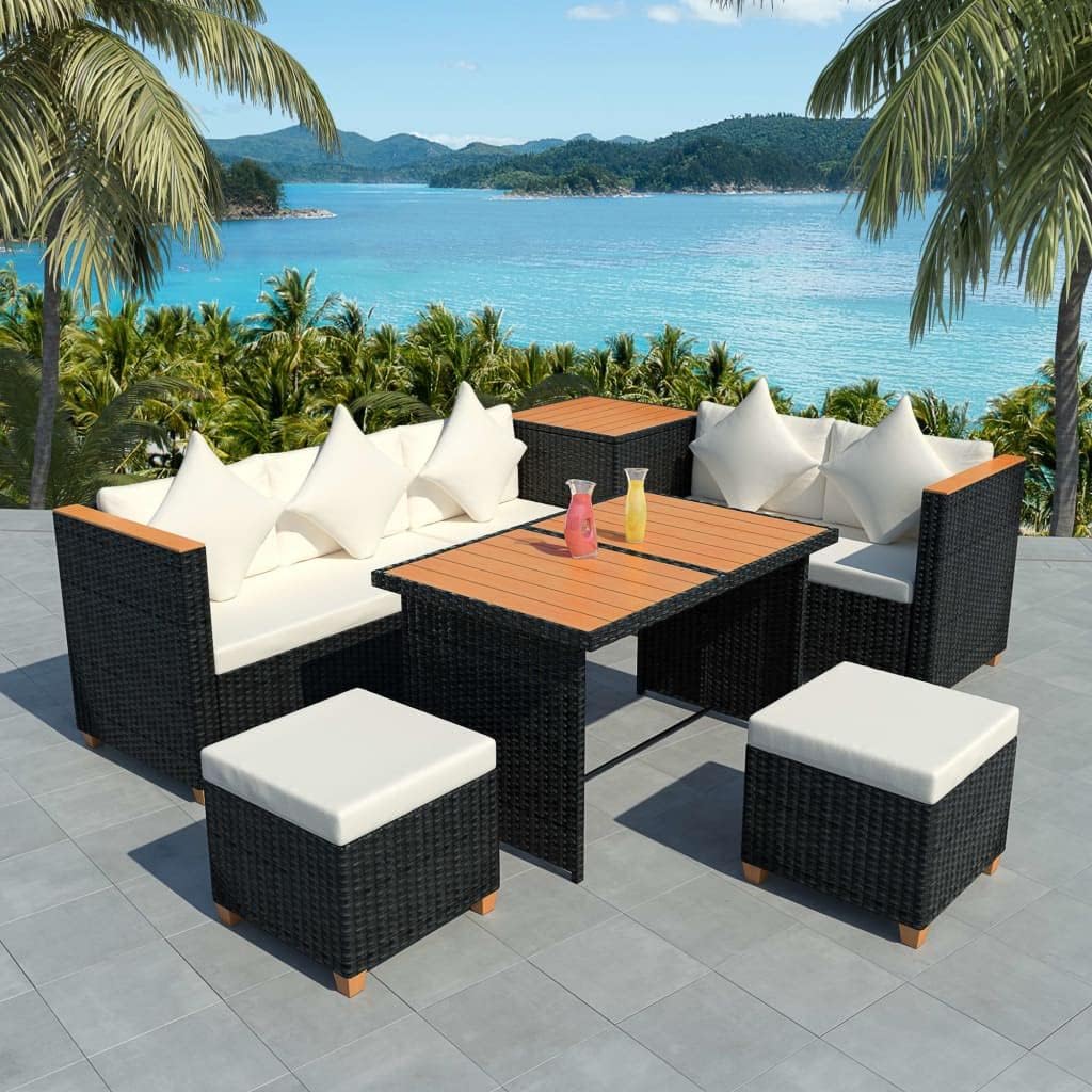 7 Piece Patio Lounge Set with Cushions Poly Rattan Black,Elegant Outdoor Rattan Dining Set: for Gardens, Patios, and Balconies Patio Furniture Sets, Outdoor Furniture Sets