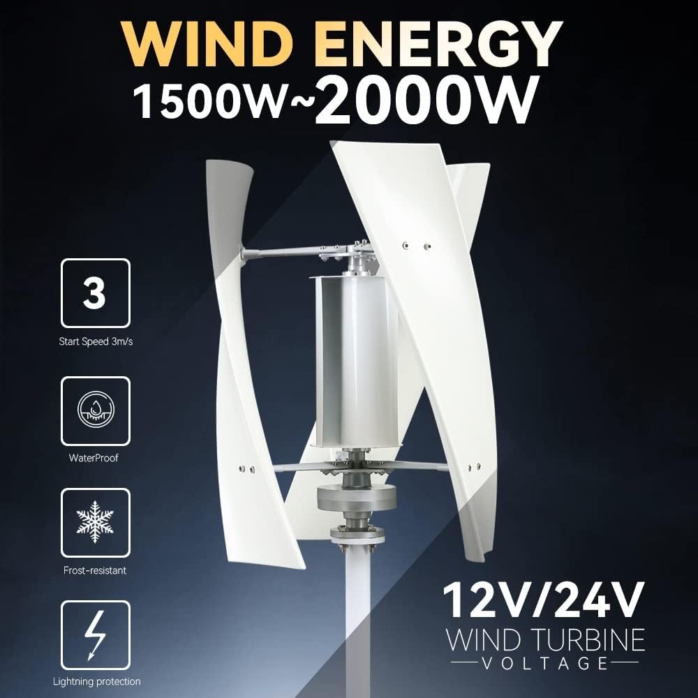 Wind Power Turbine Generator Windmill Energy 12v 24v Turbine 2kw 2000w 3 Blades Vertical Axis Permanent Maglev Generator with Mppt Controller (Color : 1500W-01, Size : Turbine ONLY_24V)