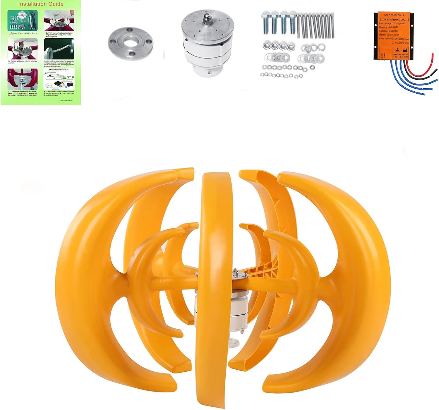 12V 24V 48V Vertical Axis Wind Turbines Generator Kit,9000W 5 Blades AC Vertical Wind Turbine Generator with MPPT Controller (Yellow)