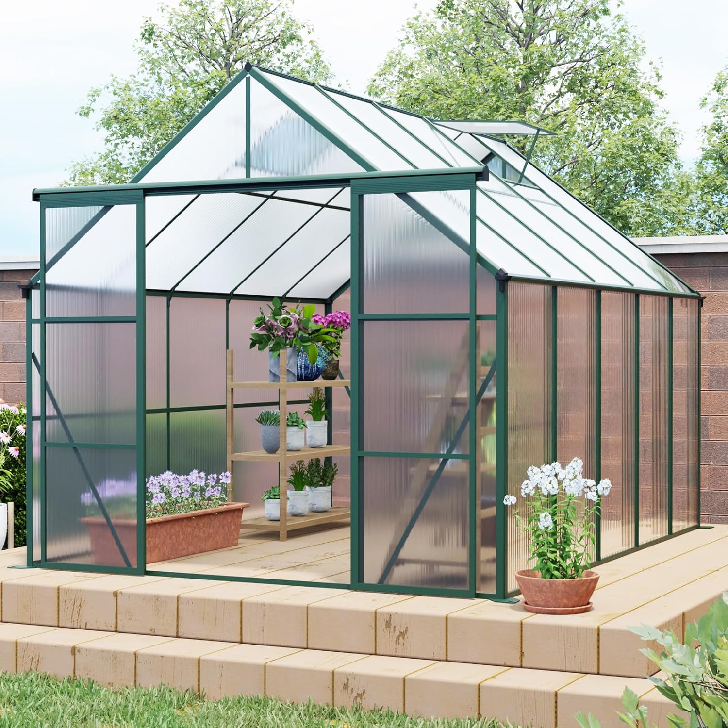 Heavy Duty Greenhouse for Outdoors,Garden Plants Green House Kit,Quick Setup Polycarbonate Greenhouse with Roof Vent for Outdoor Backyard in All Season (Green, 8x10FT)