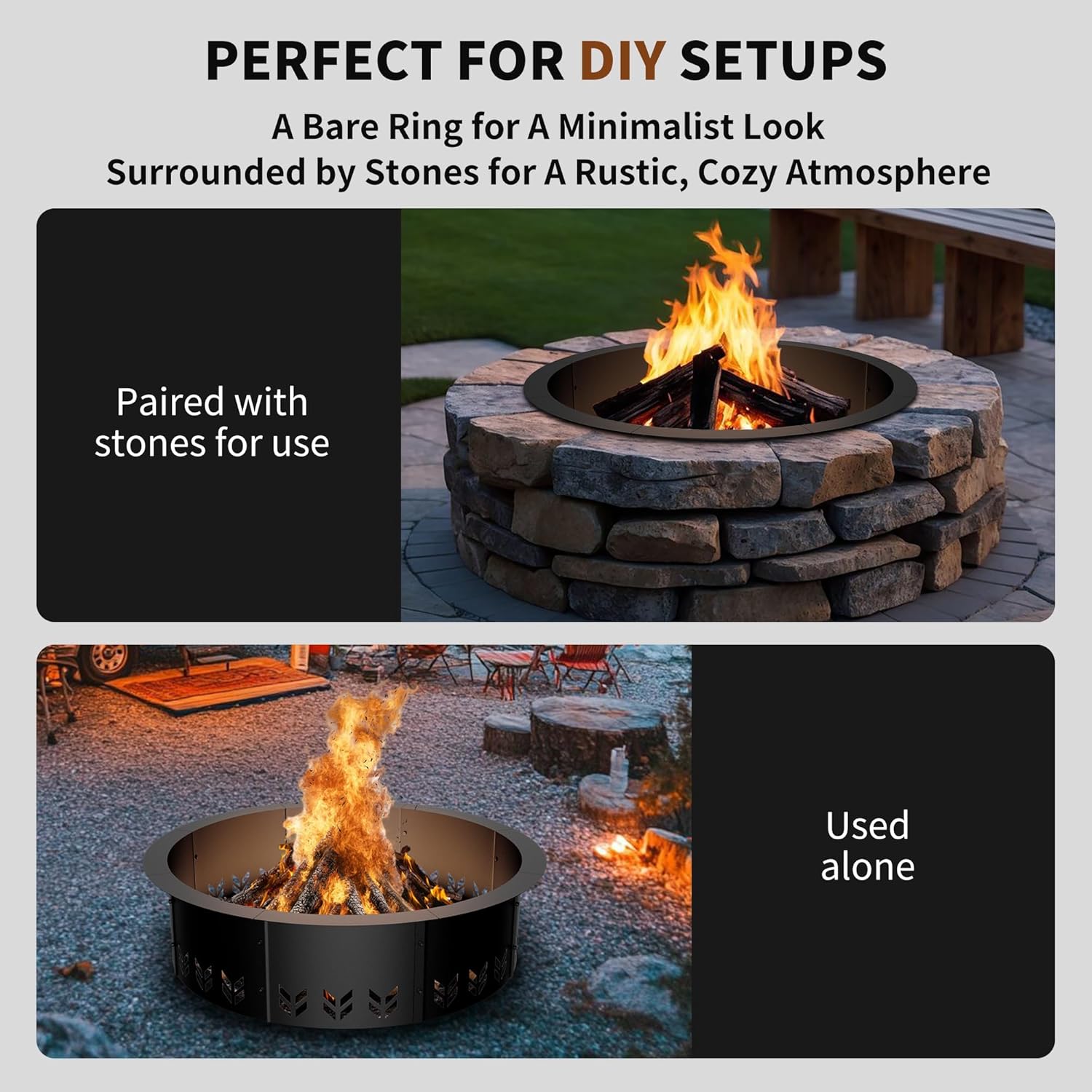 Outdoor Smokeless Fire Pit Ring Insert,30 Inch Inner|36 Inch Outer Diameter, Heavy Duty Metal Round Fire Ring for Outside Wood Burning, Black