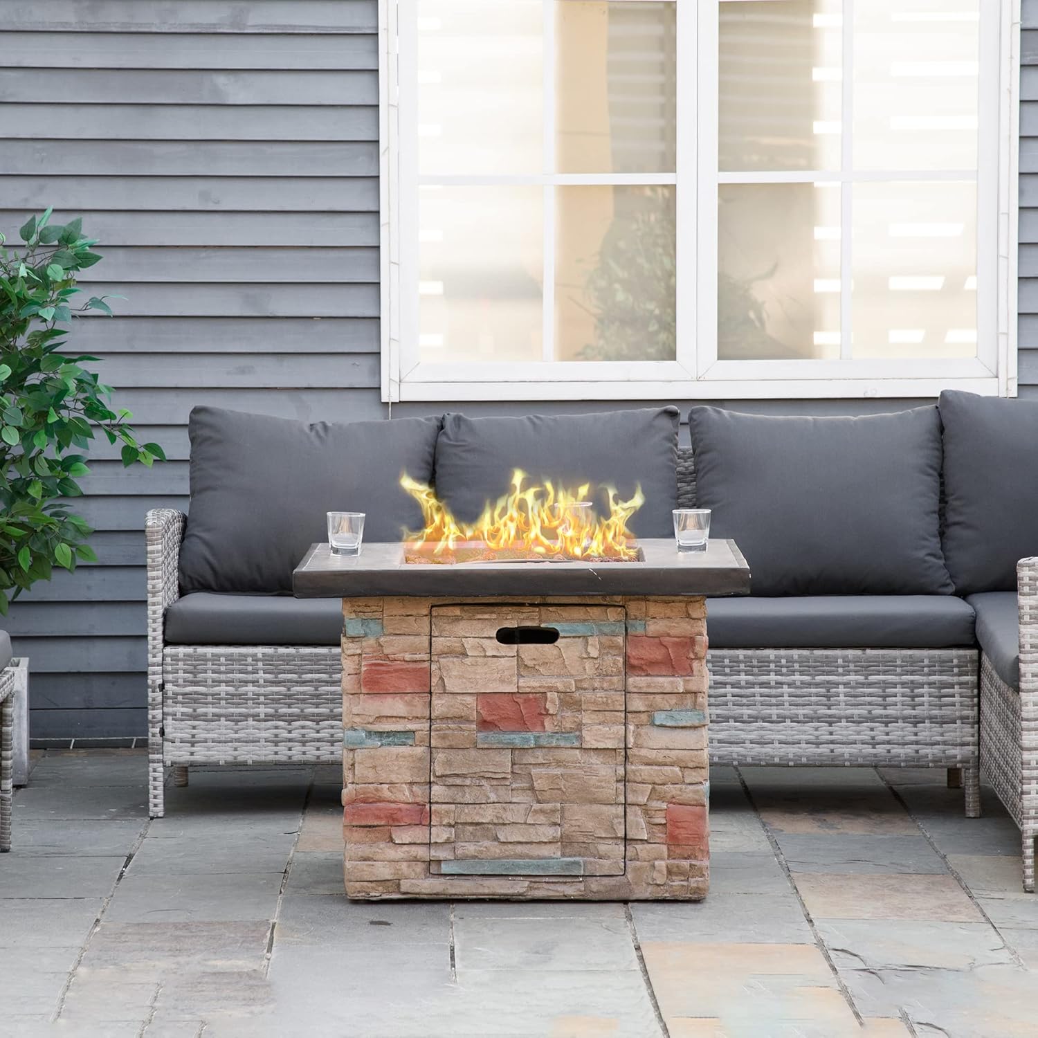 32 Inch Outdoor Propane Gas Fire Pit Table 50,000 BTU Auto-Ignition Square Faux Ledge Stone Outdoor Fire Pit with Lava Rocks and Rain Cover