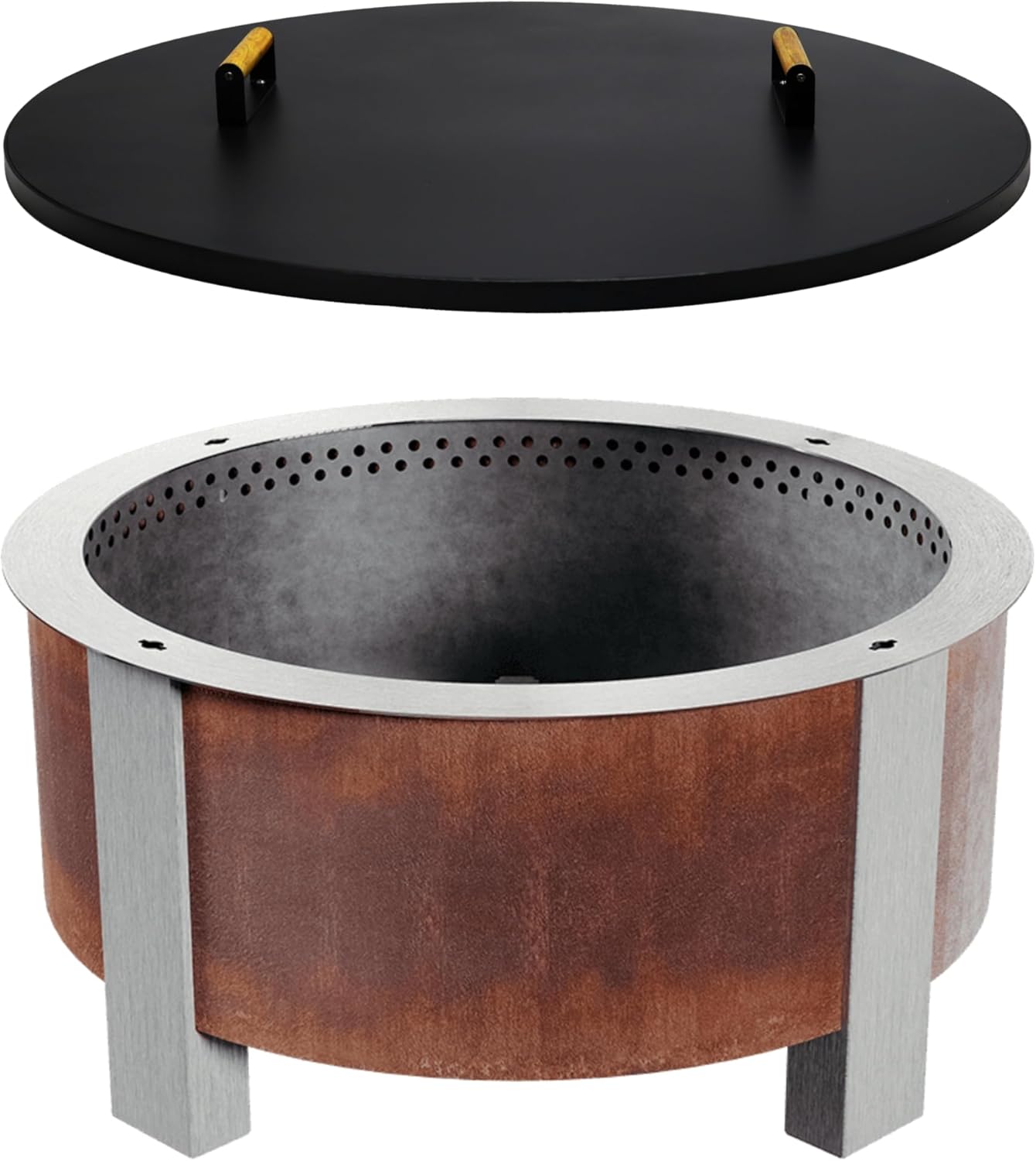 35” Fire Pit Cover Lid Round - Fit for 34.5 Round Fire Pit Lid for Outdoor Fireplace Cover Lid Steel fire Pit Metal Cover W/ 2 Wooden Handles & Heat Resistant Snuffer Lid for Patio Fire Pit Ring