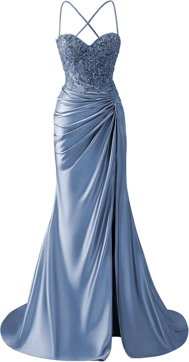 BOLENSYE Corset Prom Dresses Long Satin Lace Appliques Ball Gowns Mermaid Evening Dress with Slit