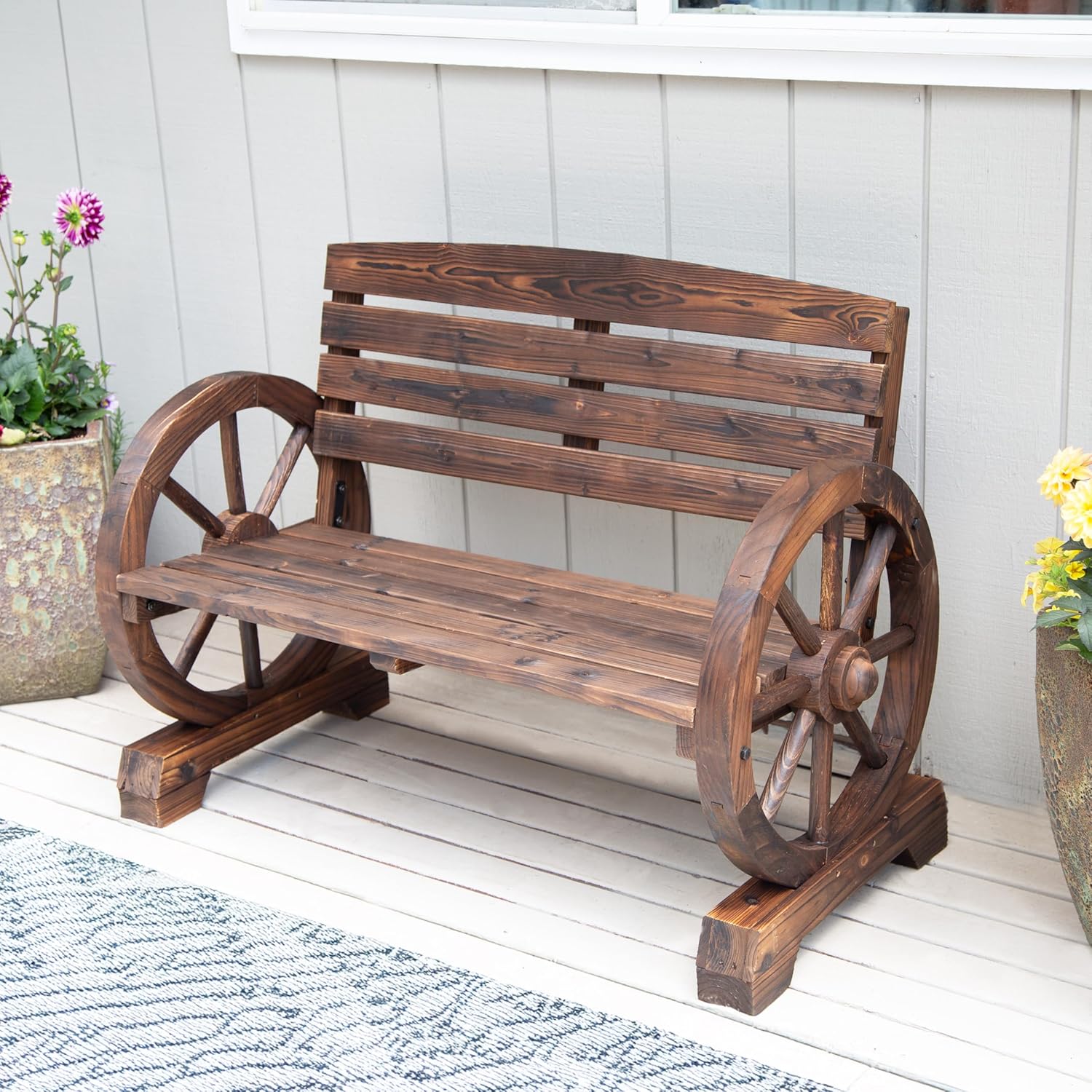 Zingz & Thingz Rustic American Old West Outdoor Home & Garden Wooden Wagon Wheel Bench, 42.25x21x31, Brown