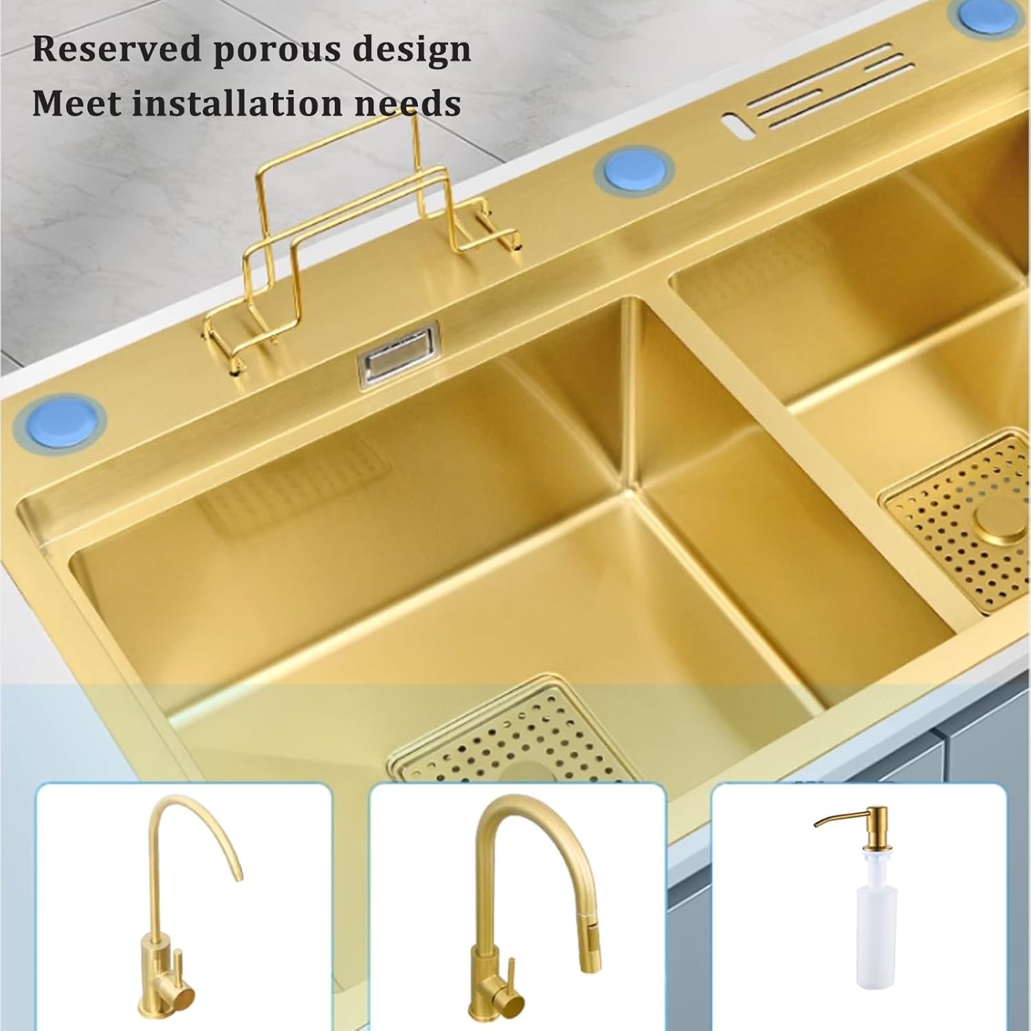 Kitchen Sink Tap,Golden Stainless Steel Sink Kitchen Double Bowl Sink Large Capacity Sink Golden Faucet Including Soap Dispenser and Other Accessories (82x46x24cm)