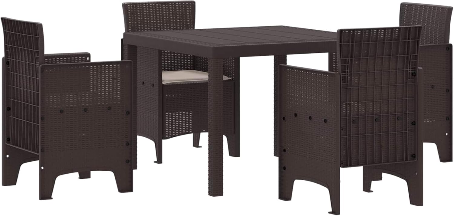 Garden Dining Set 5 pcs Brown Poly Rattan, Outdoor Patio Furniture Set with Square Table, 4 Chairs, Cushions, Durable for Balcony