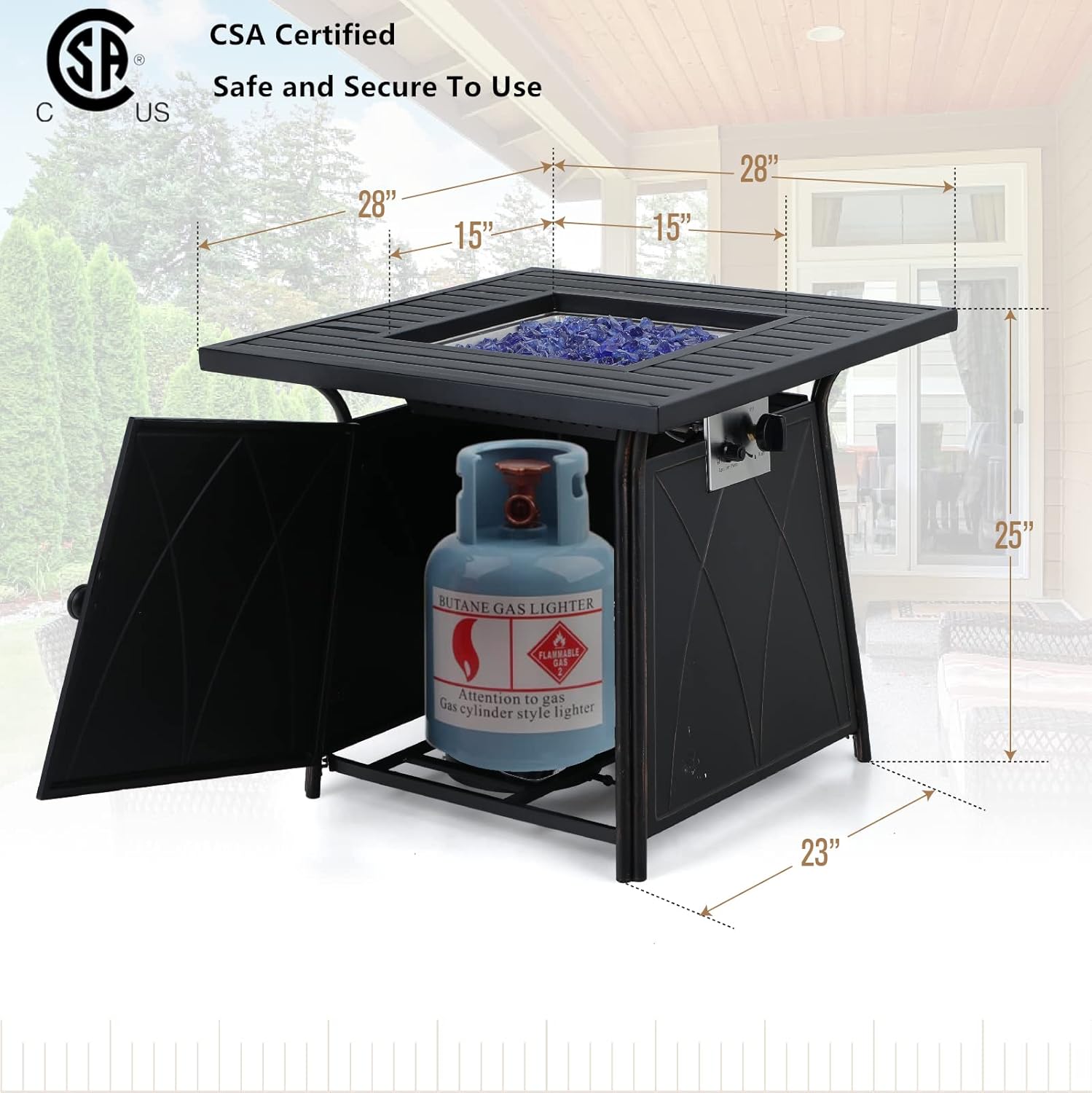 MFSTUDIO 28 Inch Gas Fire Pit Table,50000 BTU Propane Steel Striped Square Handpainting Treatment Fire Table with Lid and Blue Glass for Patio,Backyard and Balcony,Black