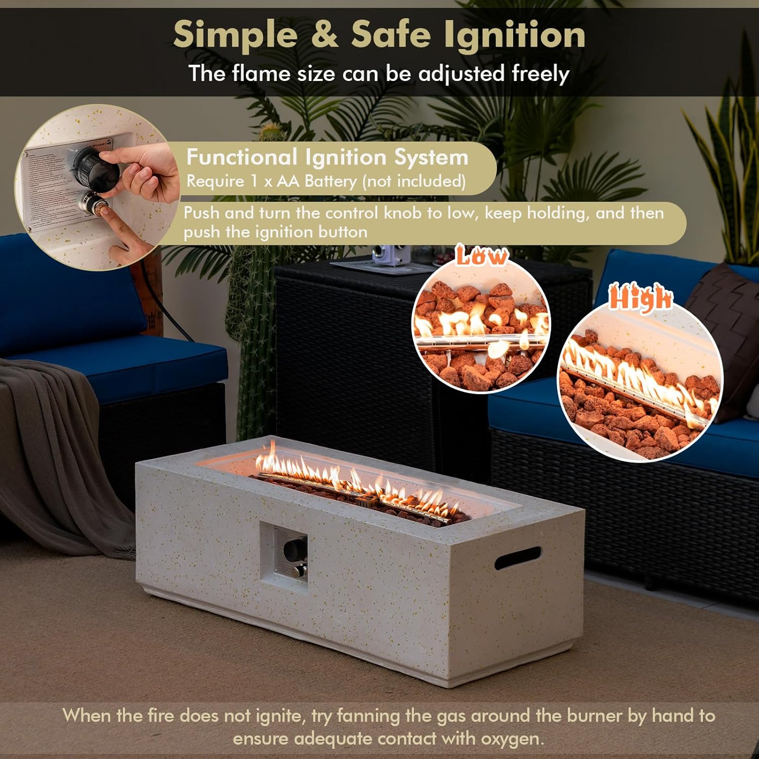 MAT EXPERT 42” Propane Fire Pit Table, 50,000 BTU Terrazzo Rectangle Fire Pit with Lava Rocks & Stainless Steel Burner, Rain Cover, Gas Fire Pits for Outdoor Patio & Backyard, CSA Certified (White)