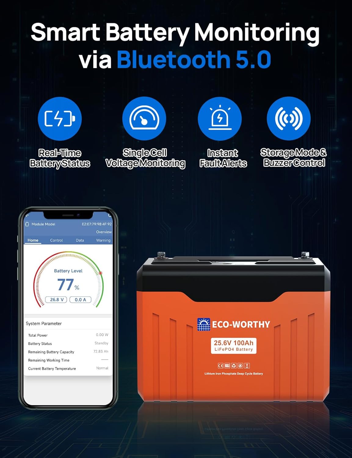 ECO-WORTHY 24V 100AH Bluetooth Lithium Battery with SOC LED Display, Built-in BMS with Low Temperature Protection, 15000+ Cycles Smart LiFePO4 Battery for Off-Grid, Home Power System, RV, Solar
