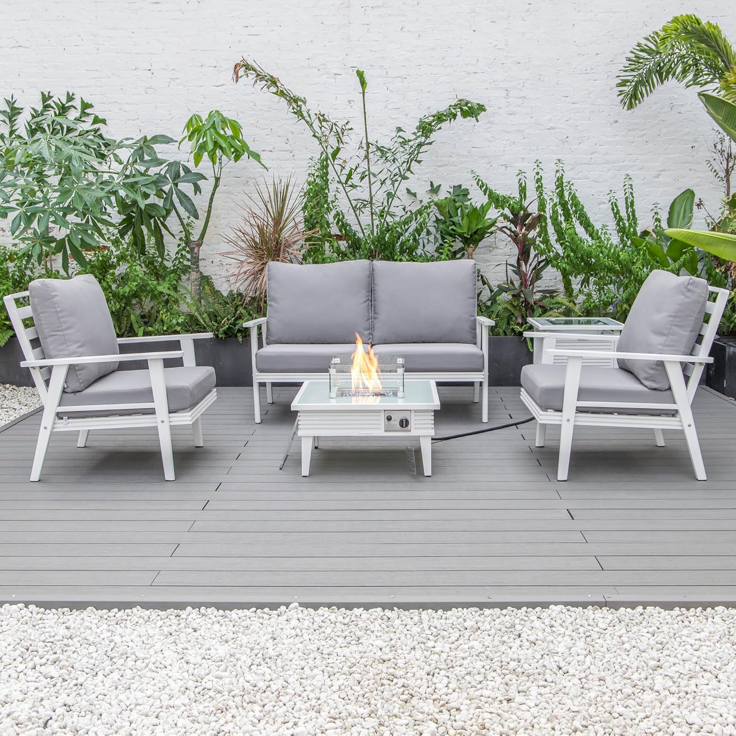 LeisureMod Walbrooke Modern Aluminum 5-Piece Patio Conversation Set with Outdoor Square Fire Pit Slats Design & Side Table Tank Holder, Grey