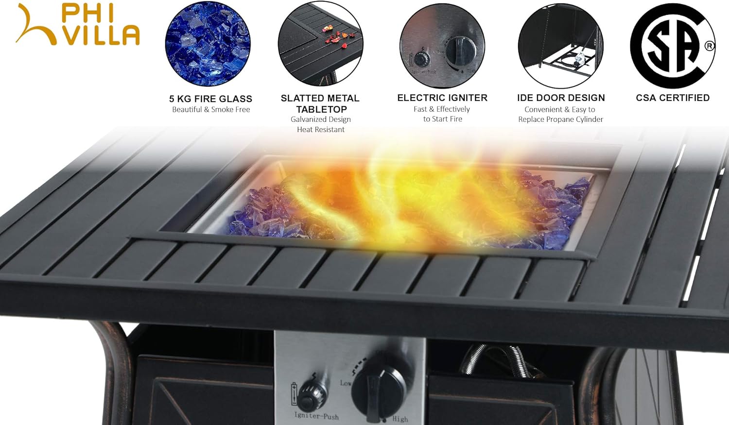 PHI VILLA 28” Gas Fire Pit Table with 4 Patio Sling Chairs, 5 Piece Propane Fire Pit Set with 5Kg Fire Glass, Outdoor Conversation Set for Yard, Patio