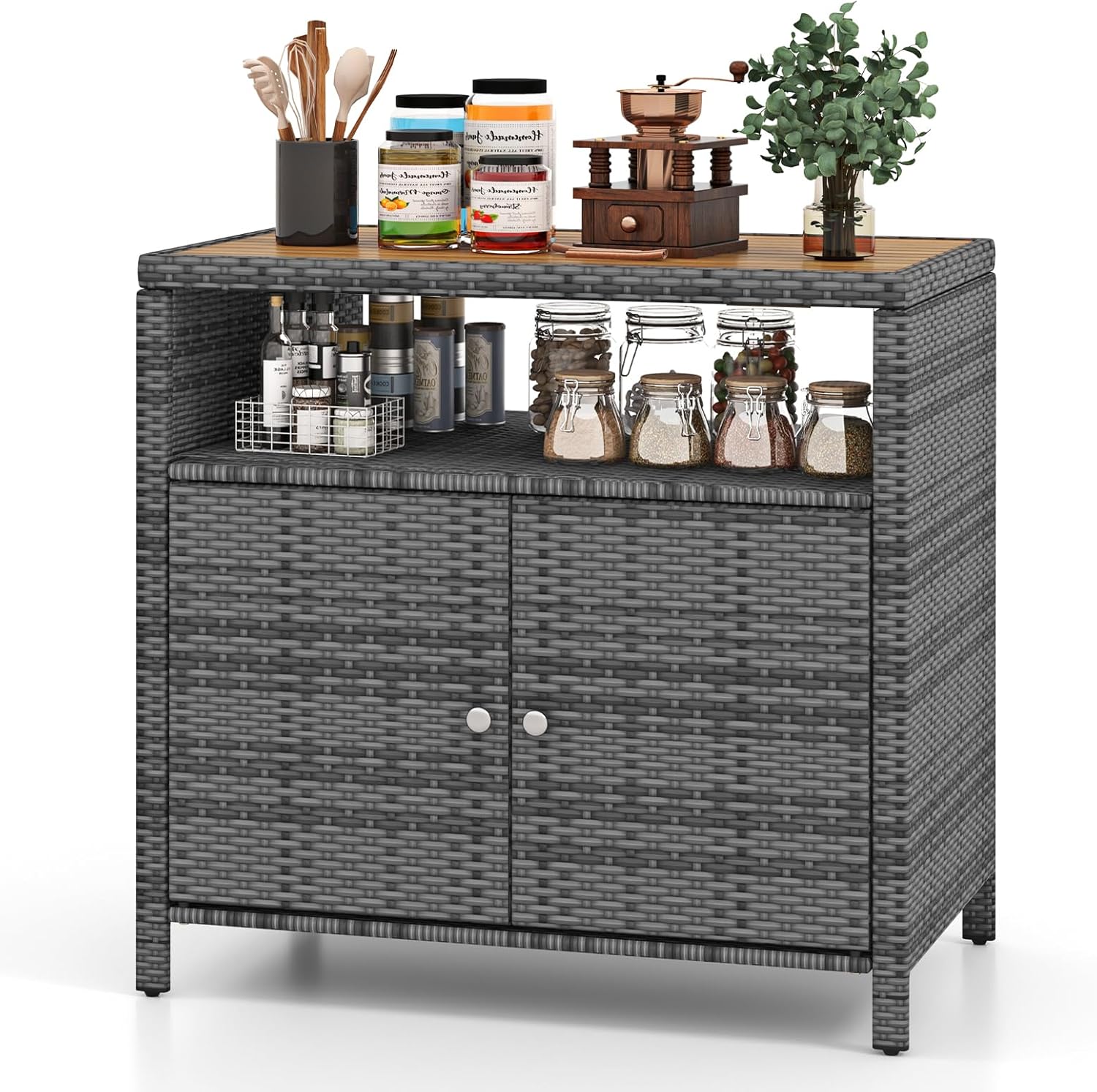 Rattan Storage Cabinet, Outdoor & Indoor Sideboards with Acacia Wood Countertop & Open Compartment, Wicker Patio Buffet Storage Bar Table for Garden Kitchen Poolside Backyard (Grey)