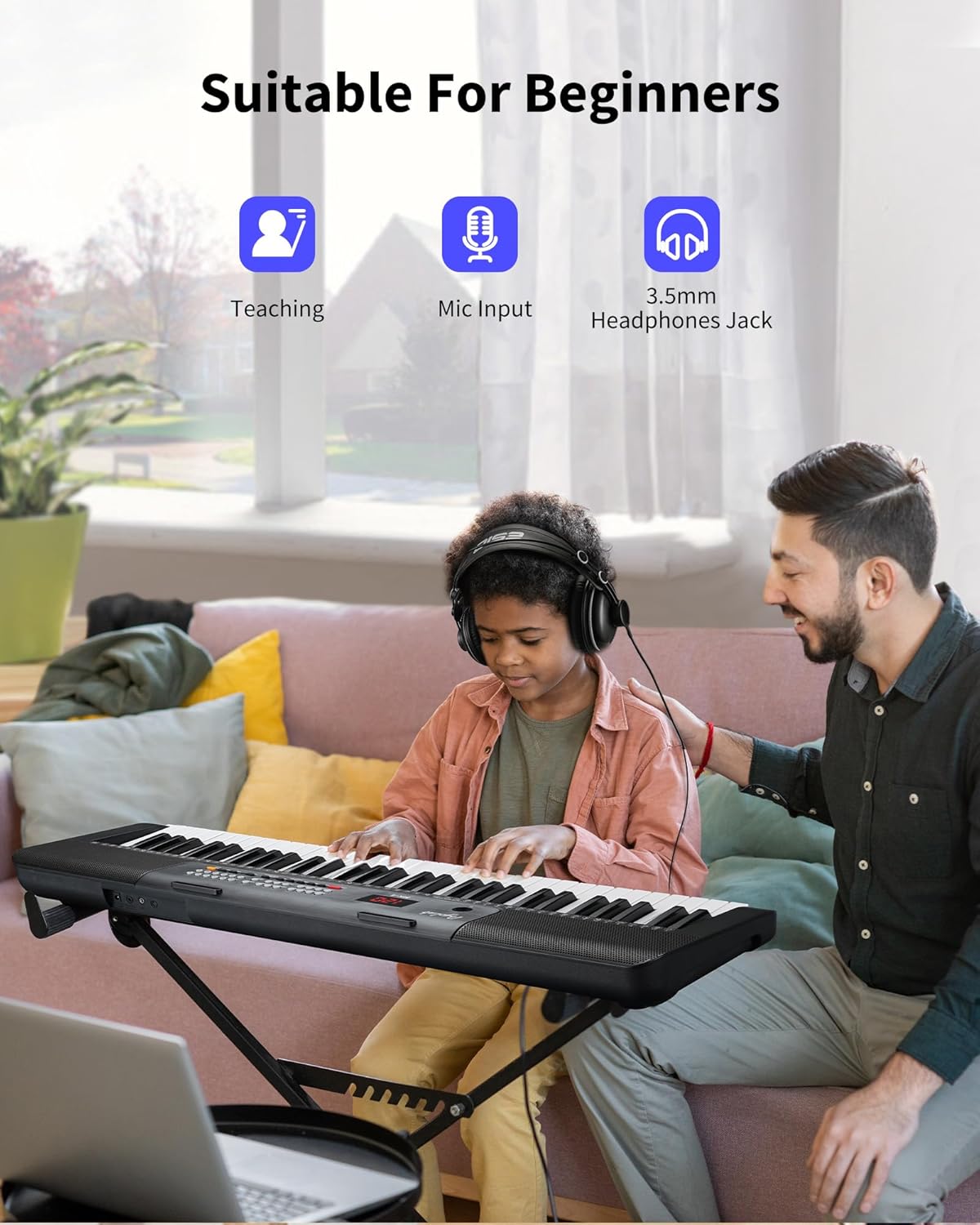 61 Keys Compact Keyboard Piano, Multi-Function Electronic Piano with 255 Sounds, 255 Rhythms, 24 Demos, Includes Sheet Music Stand, Note Stickers & Power Supply, Gift for Beginners, Black