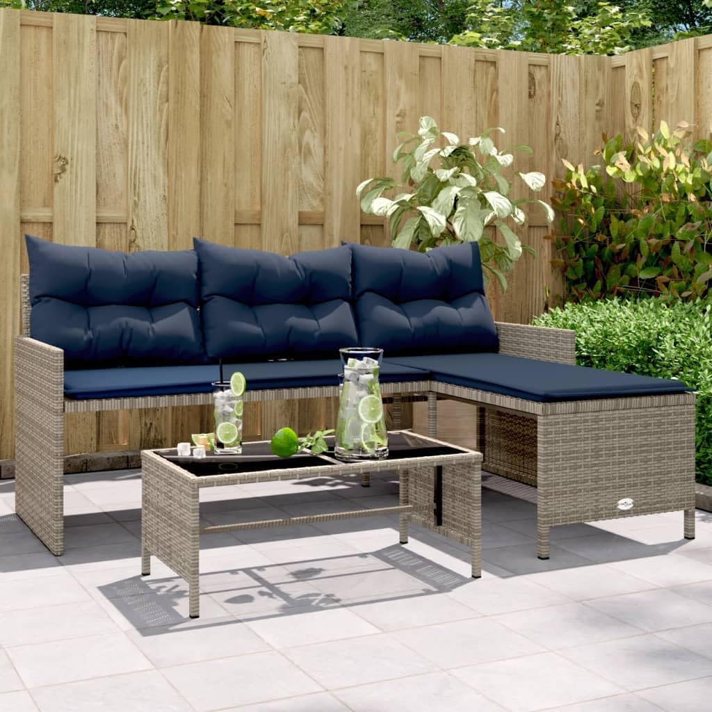 Patio Sofa with Table and Cushions L-Shaped Gray Poly Rattan,Outdoor Patio Furniture Set LShaped Rattan Sofa with Comfortable Cushions for Garden and Terrace Patio Furniture & Accessories, Outdoor Sea