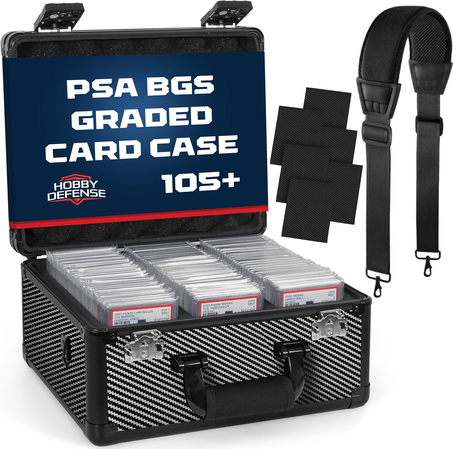 Graded Card Case, 3 Row, TSA Combination Lock, Duraguard Foam, PSA Slab Case for Graded Cards, Made for Card Shows - Carbon Fiber