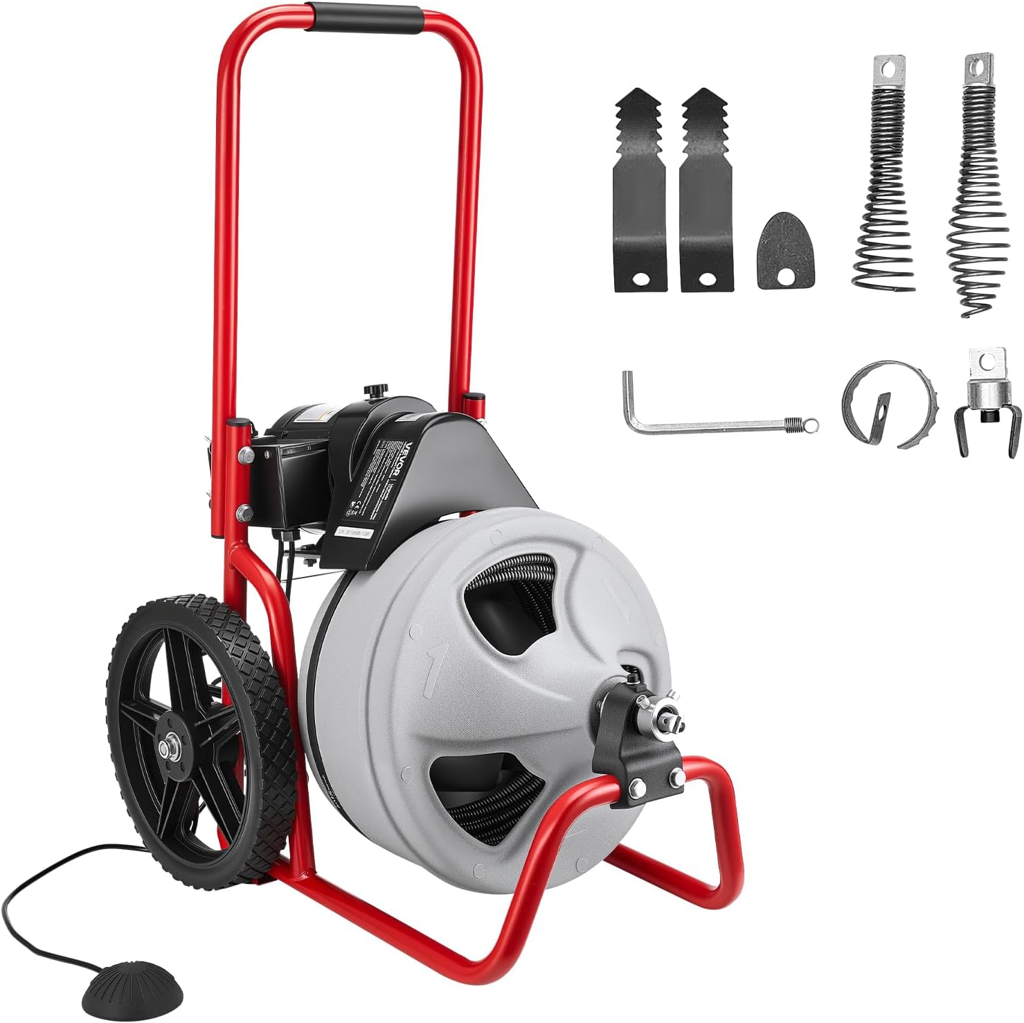 VEVOR Drain Cleaner Machine 75 FT x 3/8 Inch, Sewer Snake Auger Manual Feed on Wheels, Portable Drain Cleaning Machine with 6 Cutters & Air-activated Foot Switch for 2