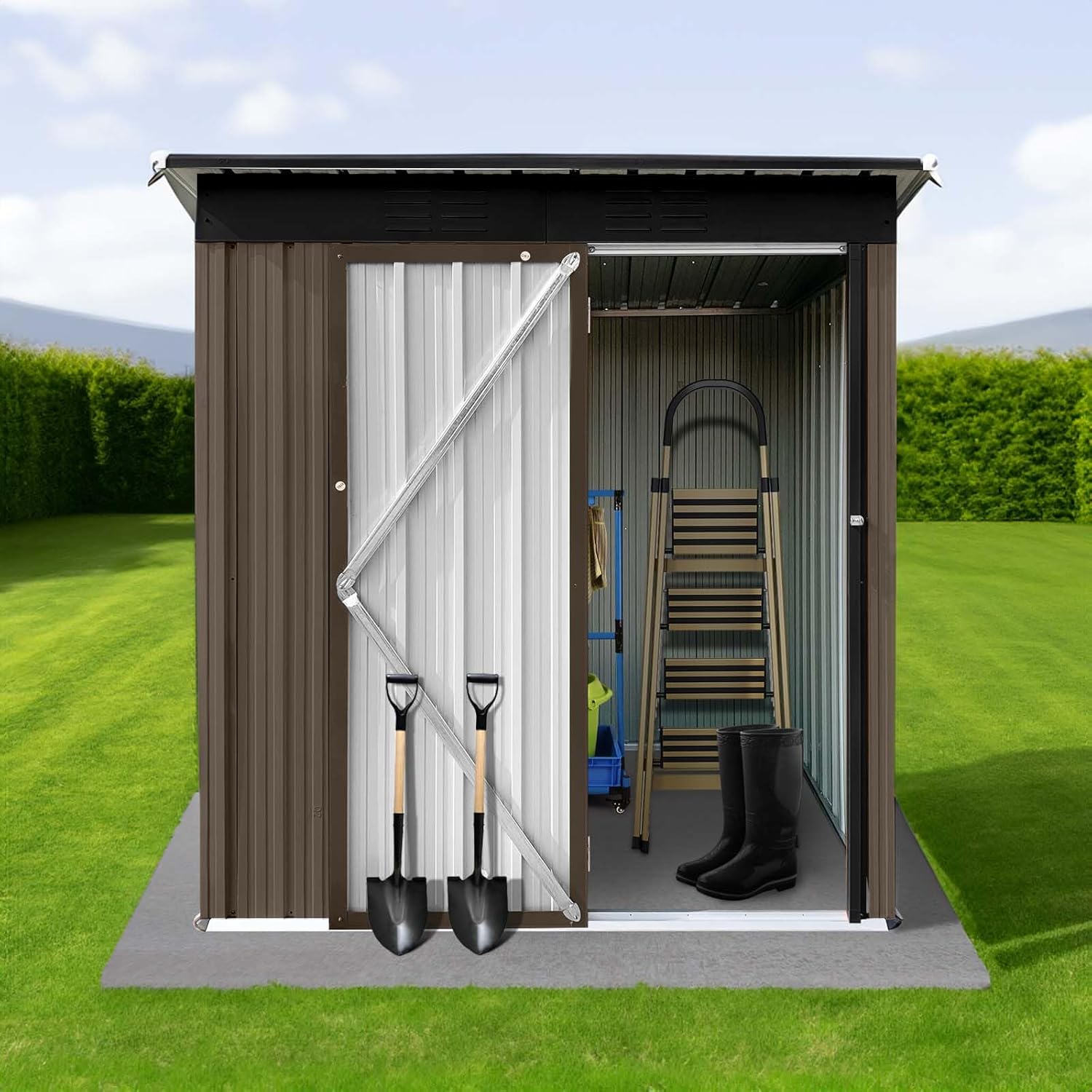 Outdoor Storage Shed 5 x 4 FT Lockable Metal Garden Shed Steel Anti-Corrosion Storage House with Single Lockable Door for Backyard, Patio Lawn and Outside Use (Brown+Black)