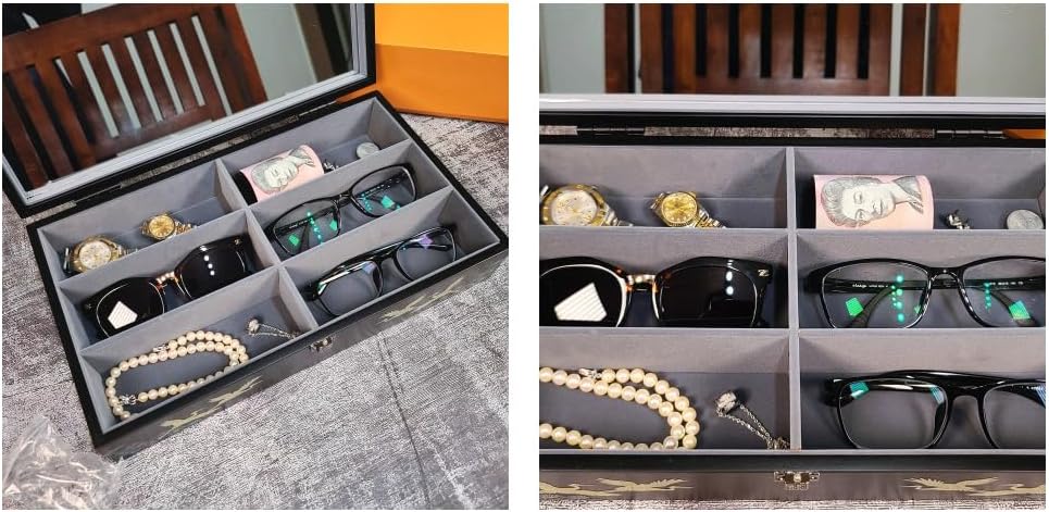 Antique Alive Mother of Pearl Wood Sunglasses Box Eyeglasses Valet Display Storage Case for Glasses, Watches, Jewelry, Trinkets Wooden Accessory Organizer Gift (Crane & Pine Black)