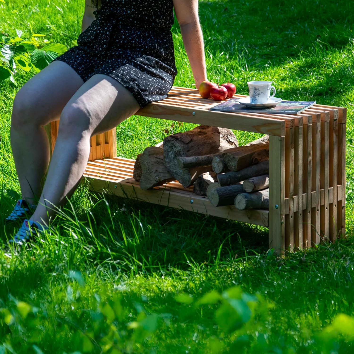 dobar® Green Label Freja 29109FSCe Garden Bench with Firewood Compartment Modern Bench with Storage Space Robust Douglas Fir Wood with Protective Glaze Solid Wooden Bench 115 x 30 x 45 cm Natural