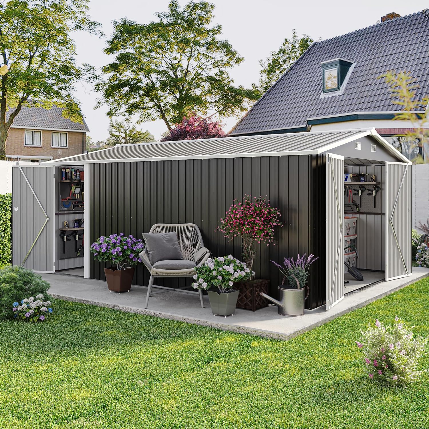 Outdoor Storage Shed Waterproof Metal Garden Tool Bike Sheds Kit Lean to Backyard Storage Building Cabinet House Small Metal Compact Garden Shed,10 * 14FT Dark Gray