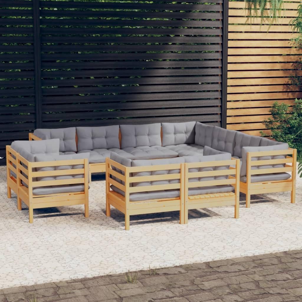 11 Piece Patio Lounge Set with Gray Cushions Solid Pinewood,Sectional Garden Lounge Set with Cushions for Patio and Outdoor Use Patio Furniture Sets, Outdoor Furniture Sets