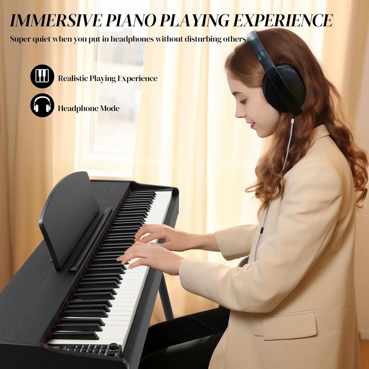 Ktaxon 88 Key Keyboard Piano Weighted Action Electronic Keyboard Piano, Digital Piano with 3-Pedal Unit, Removable Music Stand, Stereo Headphones, Compact Design and MIDI Connection(Wood Grain Black)