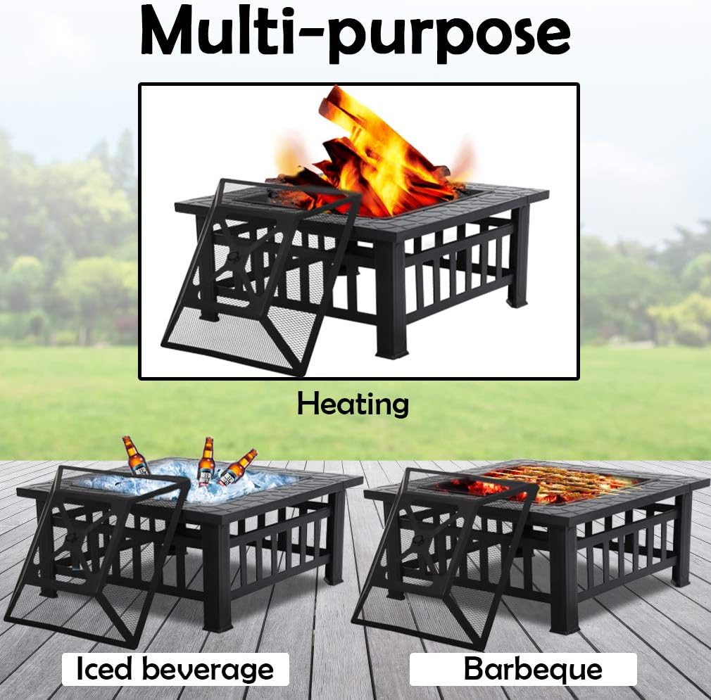 Outdoor Fire Pit 32 inch Square Metal Firepit for Patio Wood Burning Fireplace Garden Stove with Charcoal Rack, Poker & Mesh Cover for Camping Picnic Bonfire Backyard