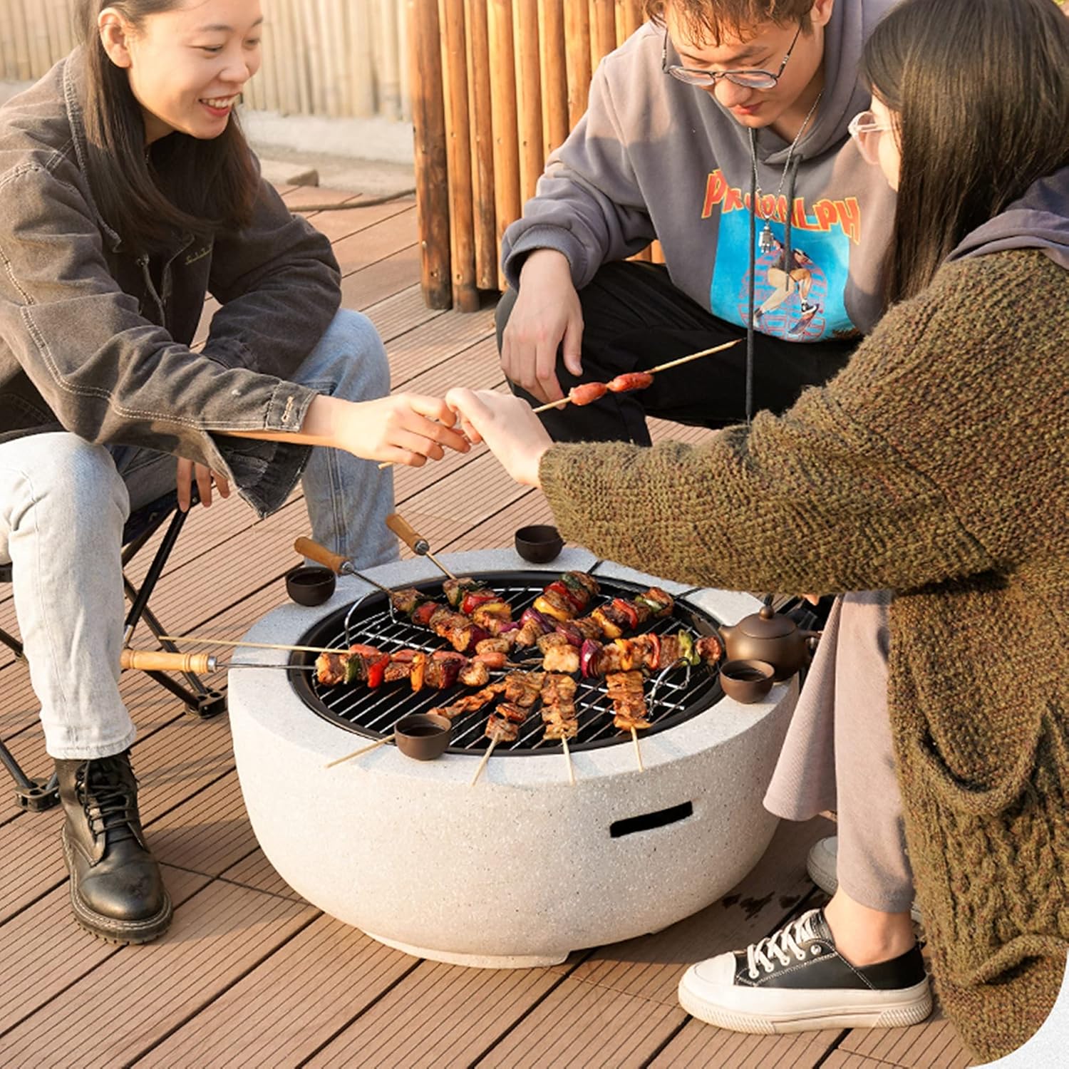 Lightweight Round Fire Pit, Outdoor Brazier, Patio Wood Burning Firepit, w/Mesh Cover Cooking Grill Poker, for Camping Picnic Bonfire Backyard