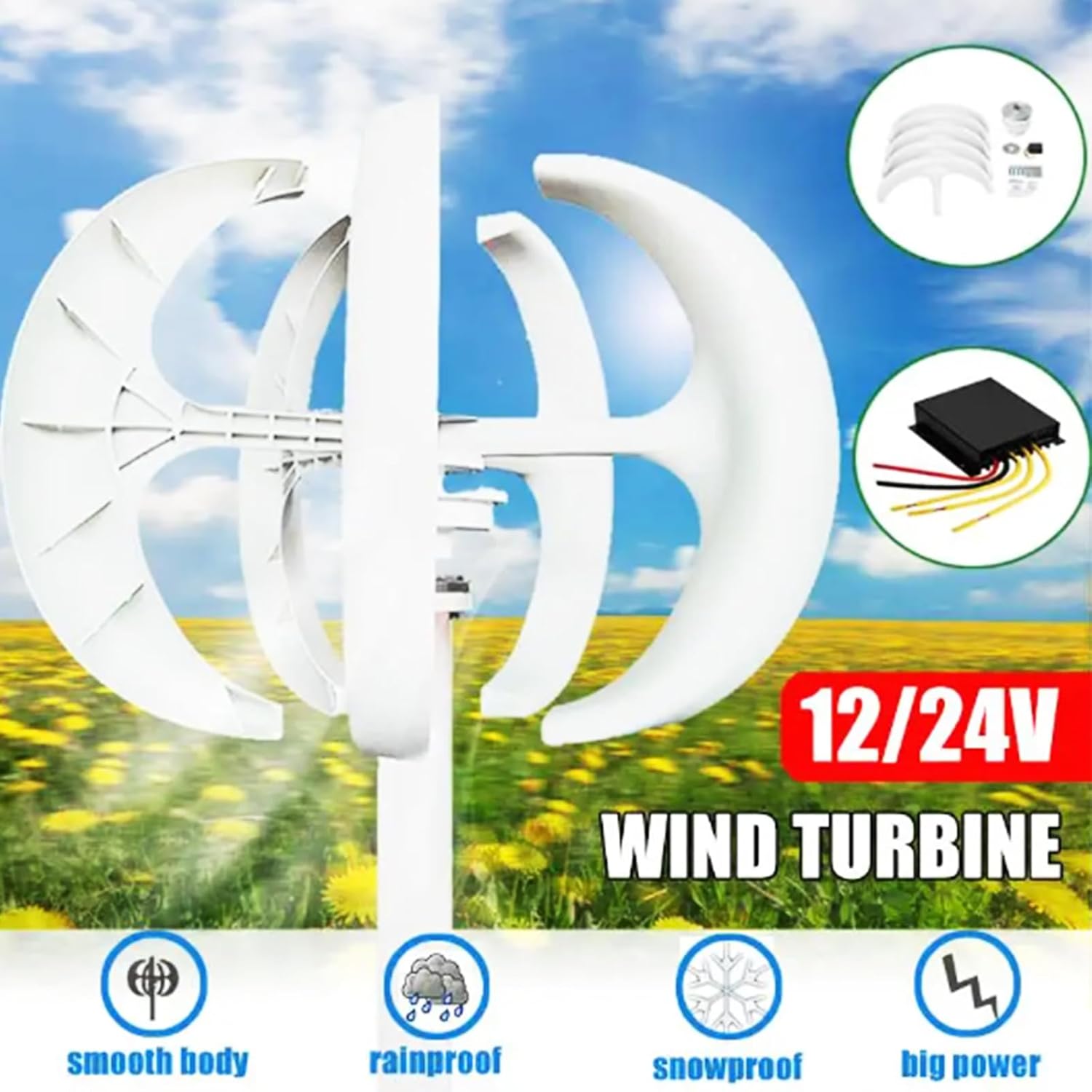 4000W 12V 24V 48V Wind Turbine Generator Kit,W/Controller 5 Blades Lantern Windmill Generator Wind Turbine Kit Suitable for Wind and Solar Power Generation(White)