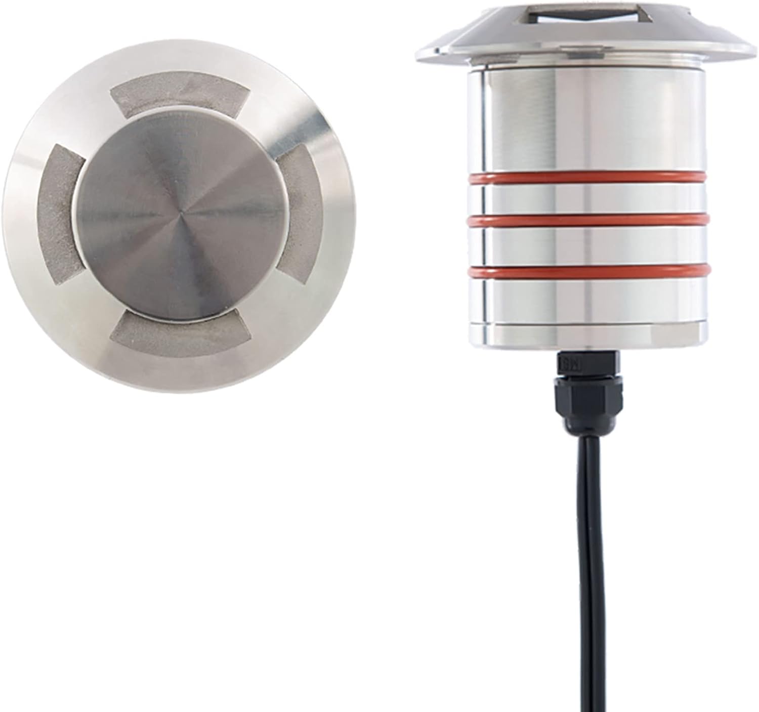 WAC Landscape Lighting, LED 2in 12V Round Beveled Quad Directional Top Inground Indicator Light 2700K in Stainless Steel