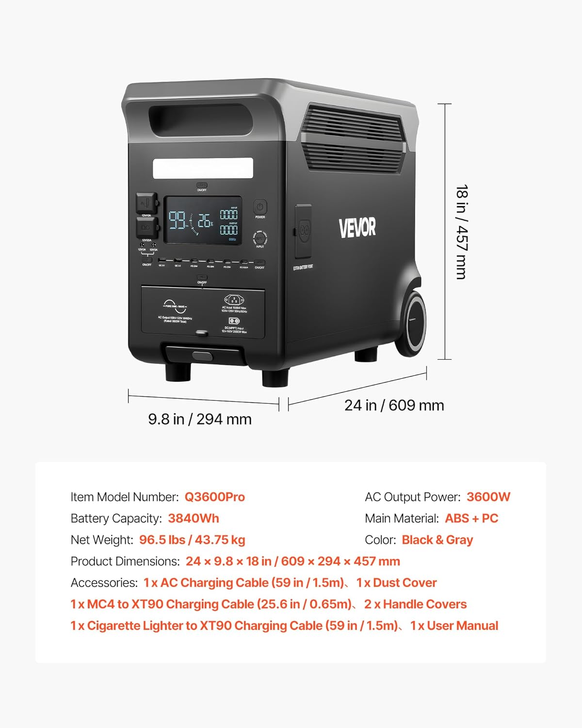 VEVOR Portable Power Station, 3600W 3840Wh Power Station Solar Generator with 10 Output Ports & Adjustable Input Power, Expandable LiFePO4 Battery Backup for Home Camping RV (Solar Panel NOT Included)