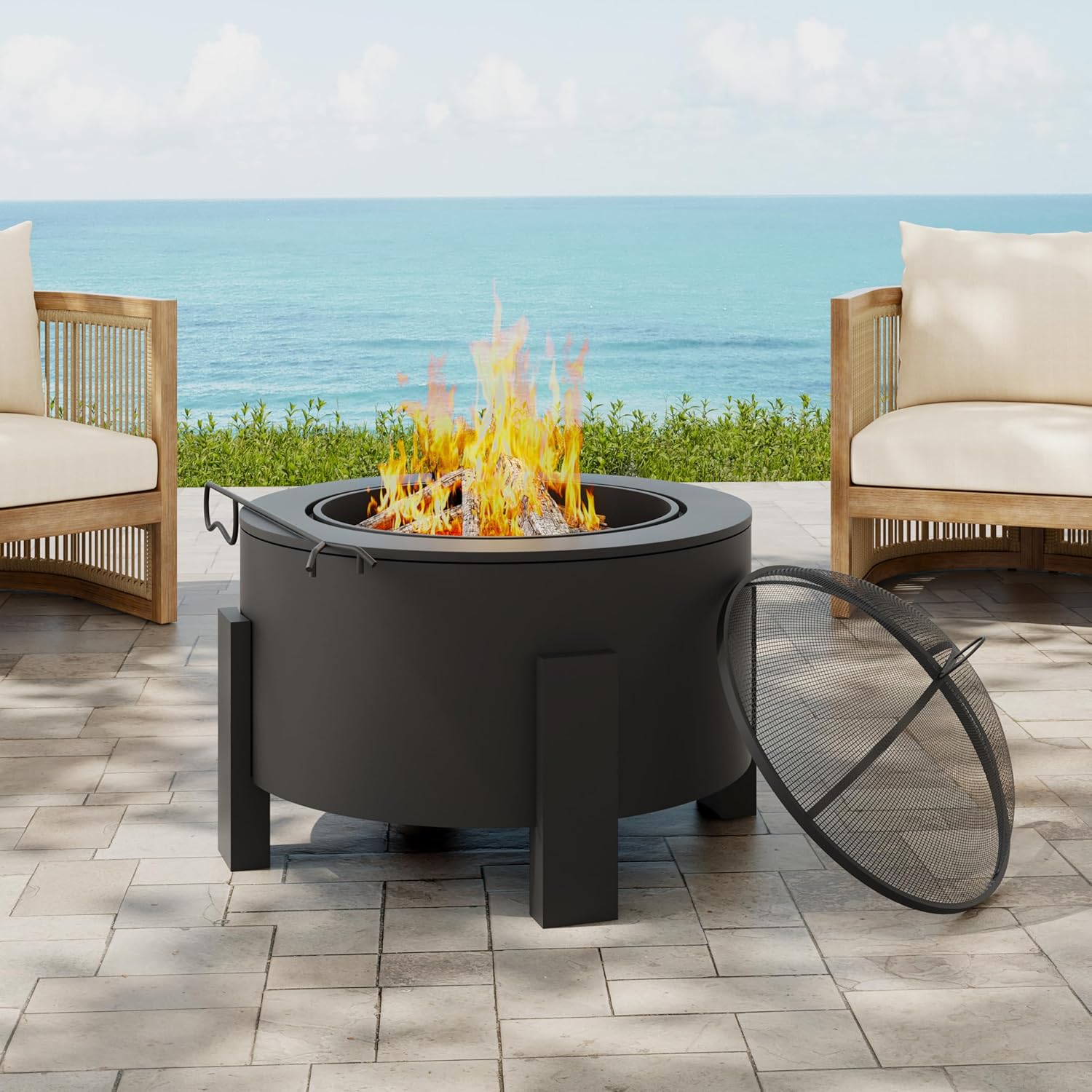 Scott Living Flicker Wood Burning Fire Pit, 25-Inch Portable Steel Firepit with Spark Screen, Efficient Airflow Design, High-Temp Finish, Quick Assembly for Camping, Patio, Backyard, Black