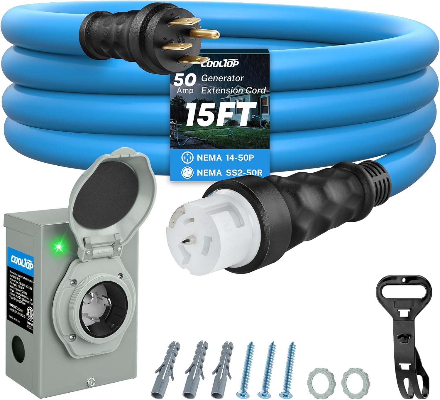 COOLTOP 50 Amp Generator Cord and Power Inlet Box Kit, 15FT Extension Cable STW 6/3+8/1 AWG Generator Cord 125/250V NEMA 14-50P to SS2-50R Pre-Drilled Inlet Box Waterproof Combo Kit, ETL Listed
