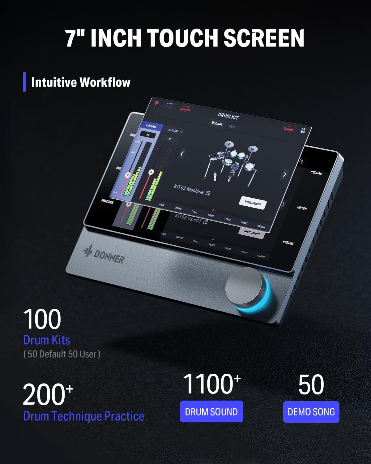 Donner BackBeat Electric Drum Set with High-Tech 7-inch Touchscreen, 1126 Sounds, Customize Drum Pad Colors, Internal Rack Wiring, and Gaming APP for Ultimate Fun