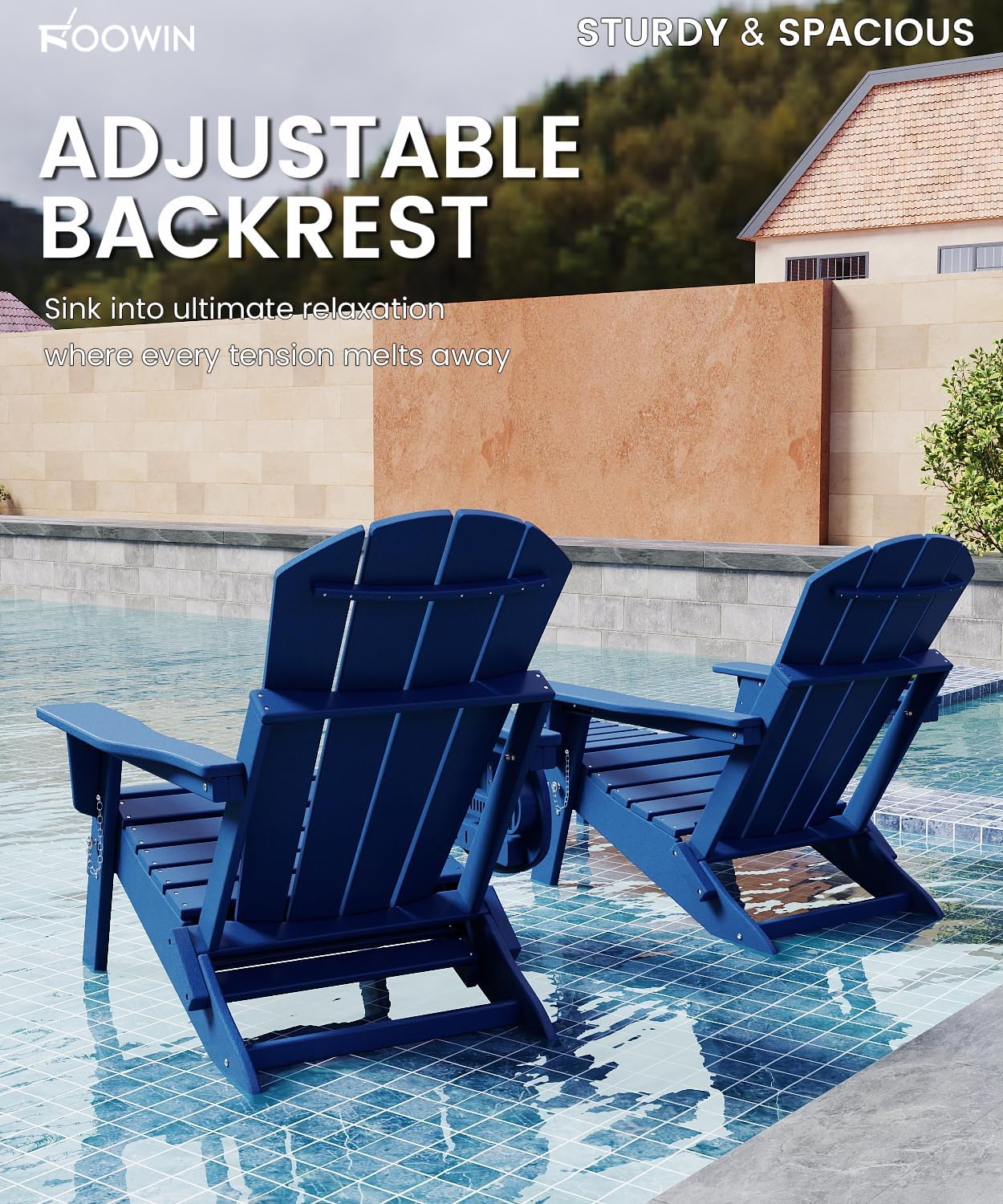 FOOWIN Folding Adjustable Adirondack Chair with Retractable Ottoman Set of 8, HDPE Adirondack Chair w/4 in 1 Cup Holder Trays,All-Weather Resistant Fire Pit Chair for Outdoor Patio Lawn, Navy Blue