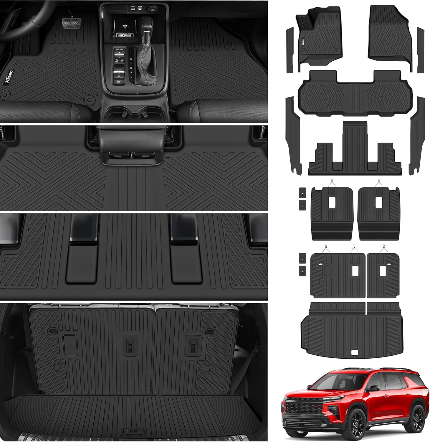 Floor Mats &Trunk Mat for 2024 2025 2026 Chevy/Chevrolet Traverse 7 Seats with 2nd & 3rd Row Backrest Mat All Weather TPE Rubber Cargo Liner Door Sill Guards for Chevy Traverse 2026 Accessories