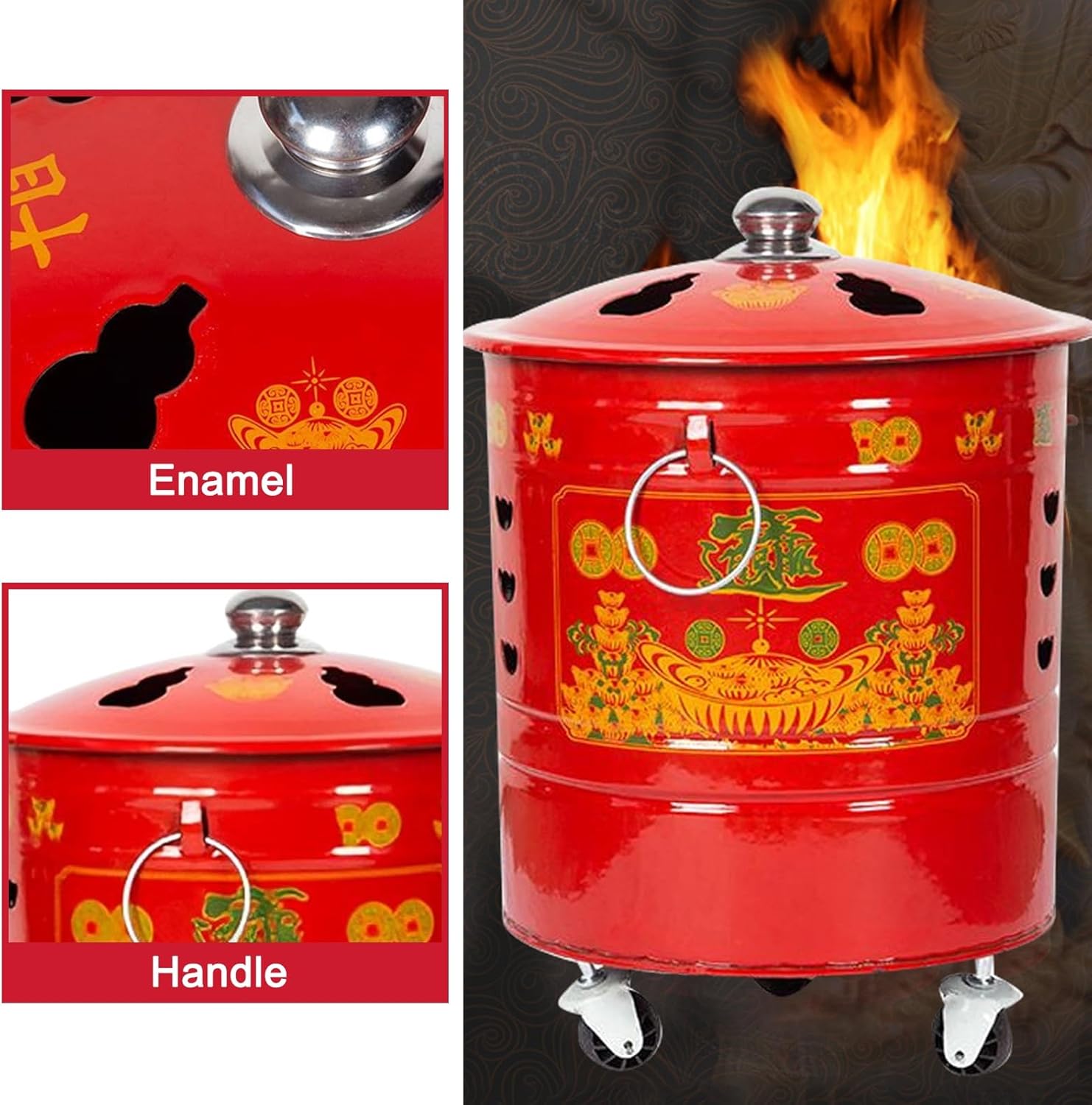 Incinerator, Burn Barrel with Lid, Portable Burn Cage with Wheels, Metal Fire Pit, Trash Burning Containers with Grid Support(33.5cm/13in)