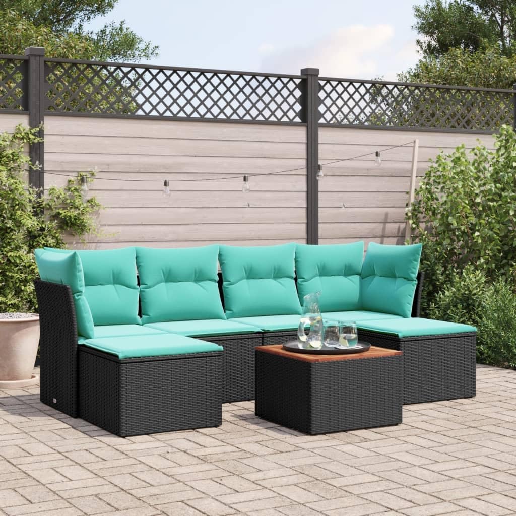 7 Piece Patio Sofa Set with Cushions, Black Poly Rattan Outdoor Furniture, Modular Garden Seating for Backyard, Terrace, Balcony